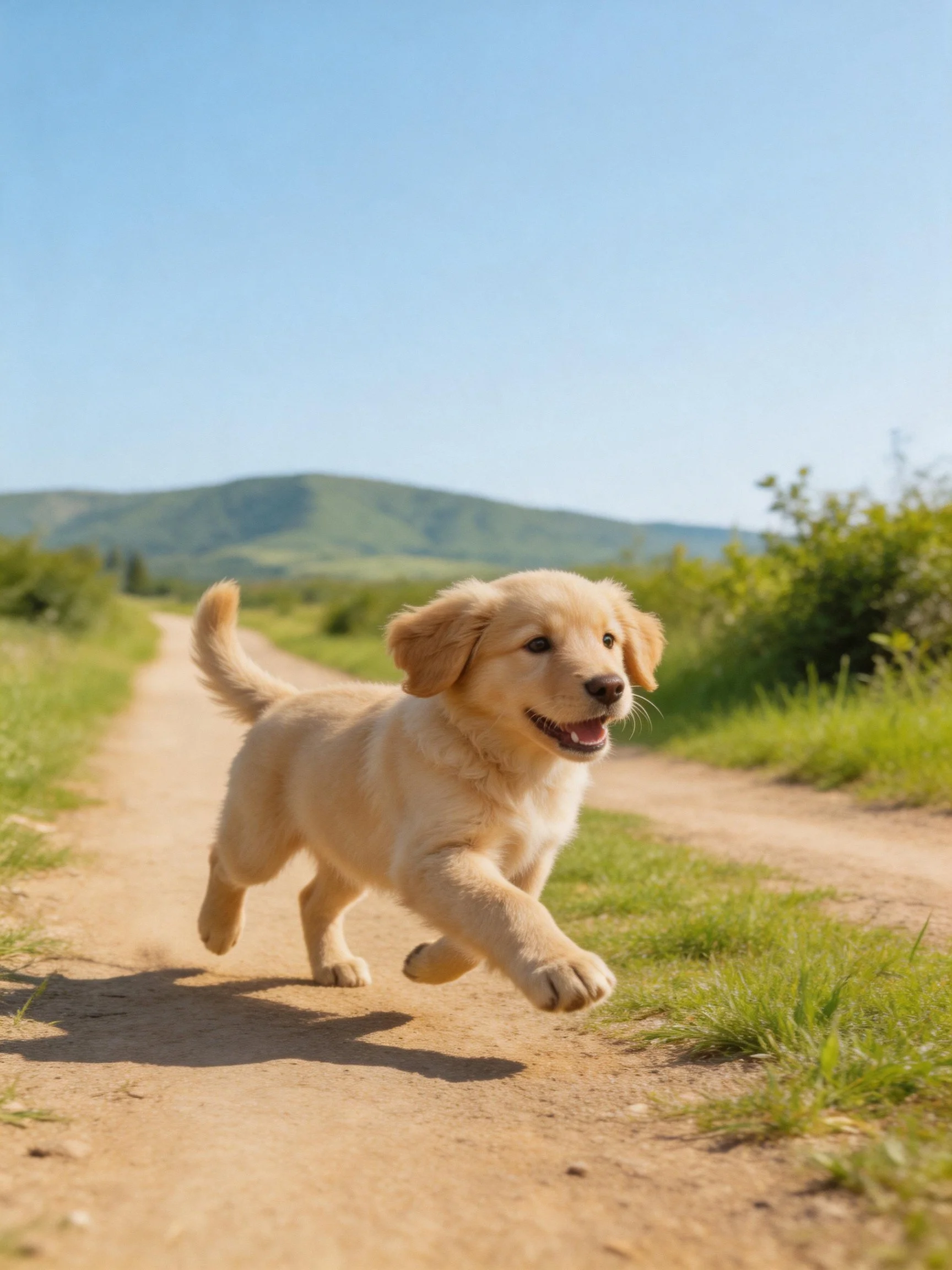 Golden retriever puppy runs joyfully on a sunlit dirt path