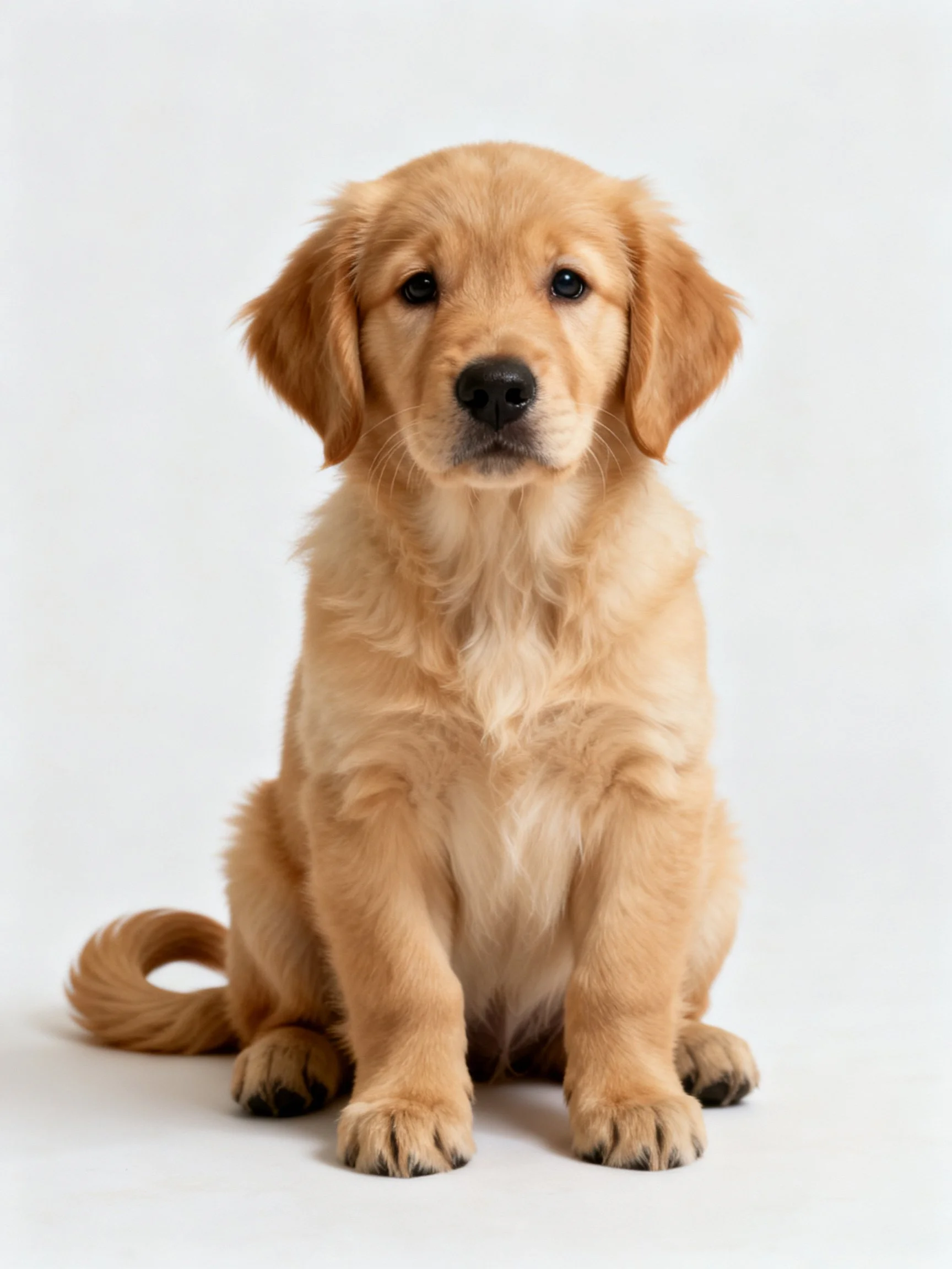 A golden retriever puppy sits calmly on a white background