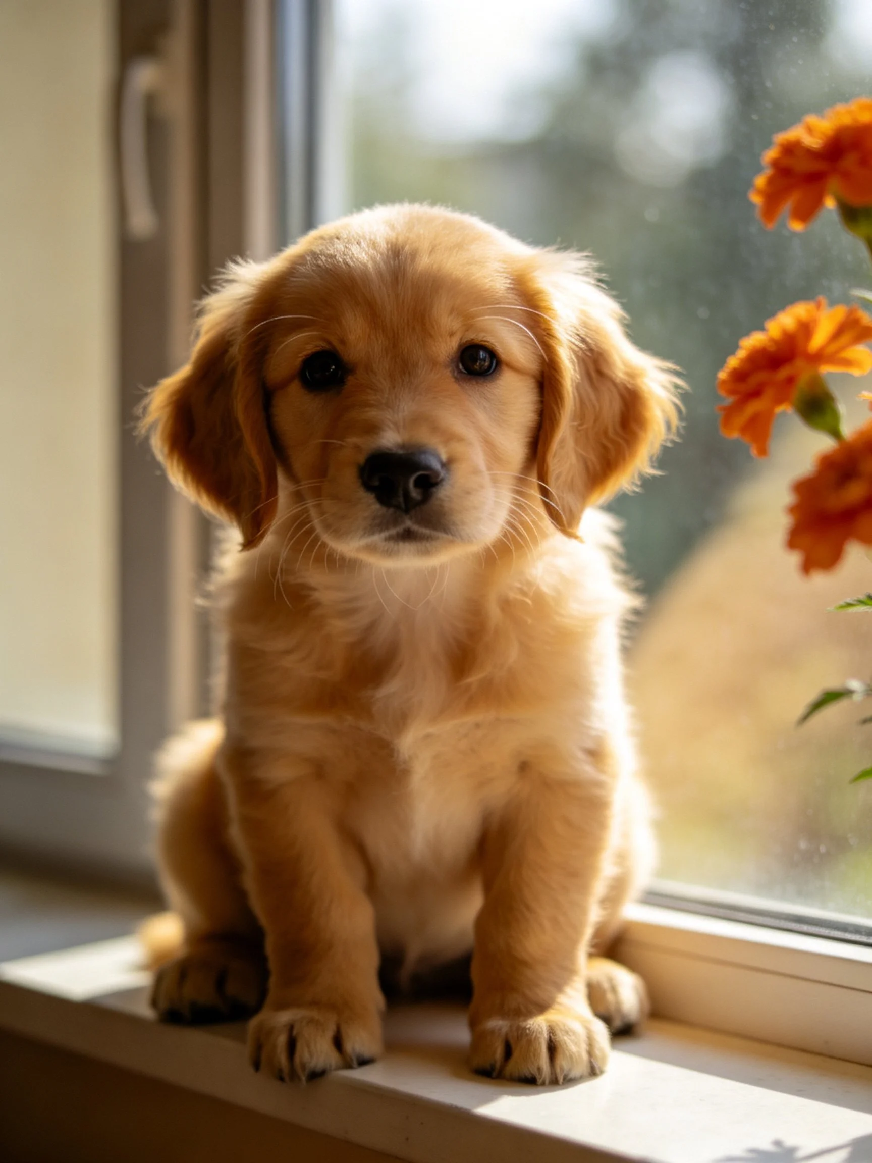 A golden retriever puppy sits on a sunlit windowsill with orange flowers nearby.