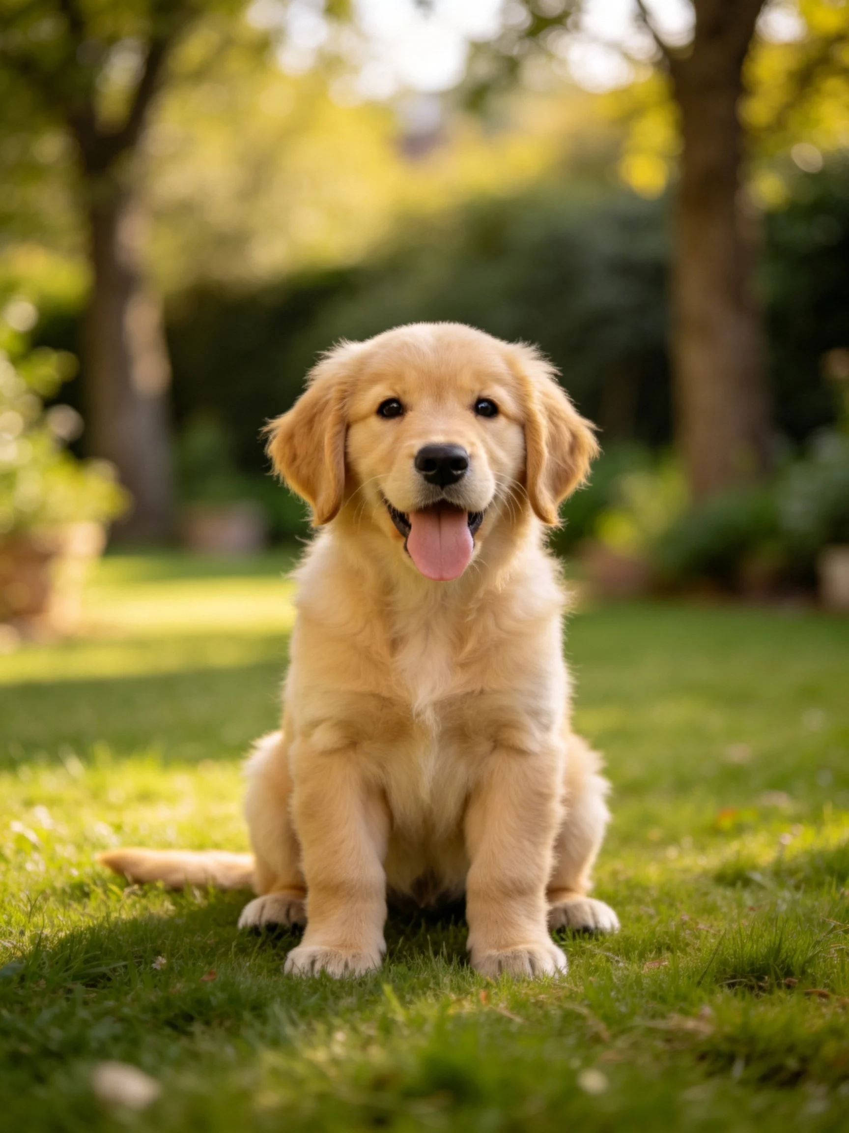 A golden retriever puppy enjoys sitting on green grass in a sunlit outdoor space.
