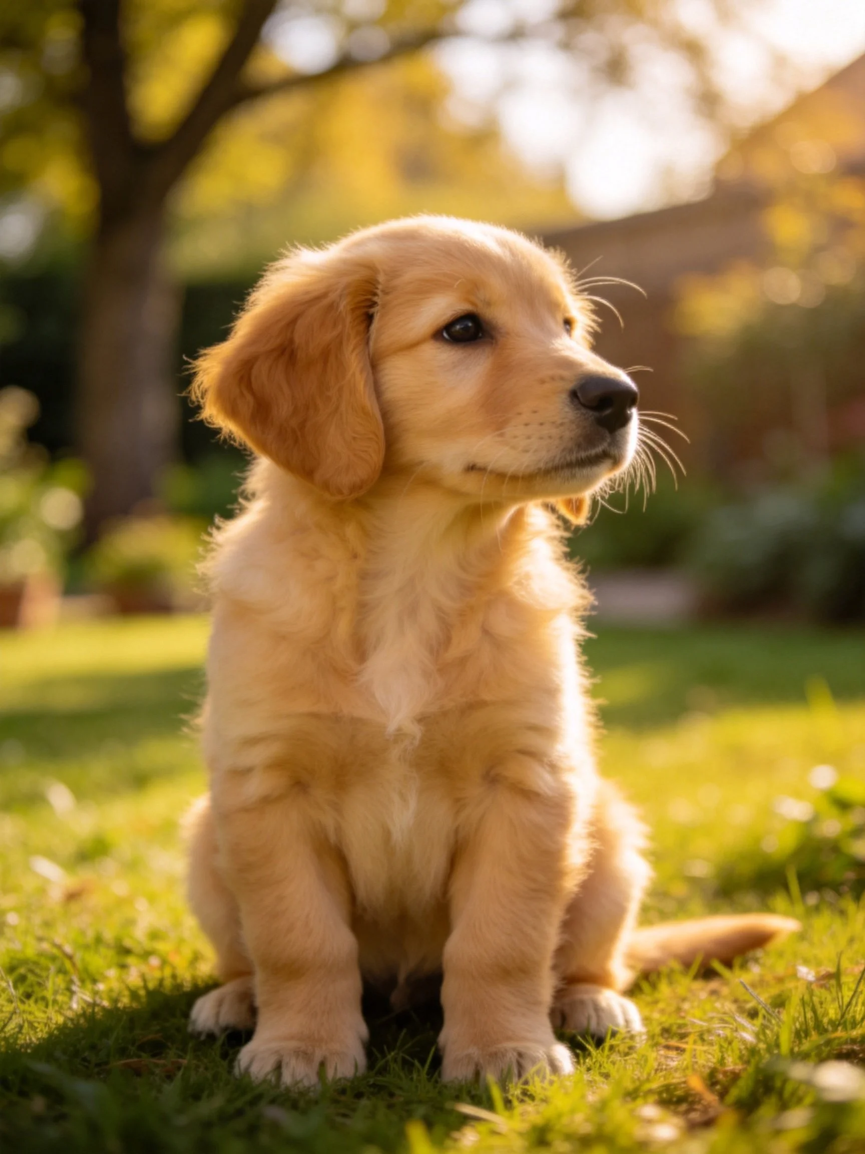 A golden retriever puppy sits on grass in a sunlit outdoor setting.