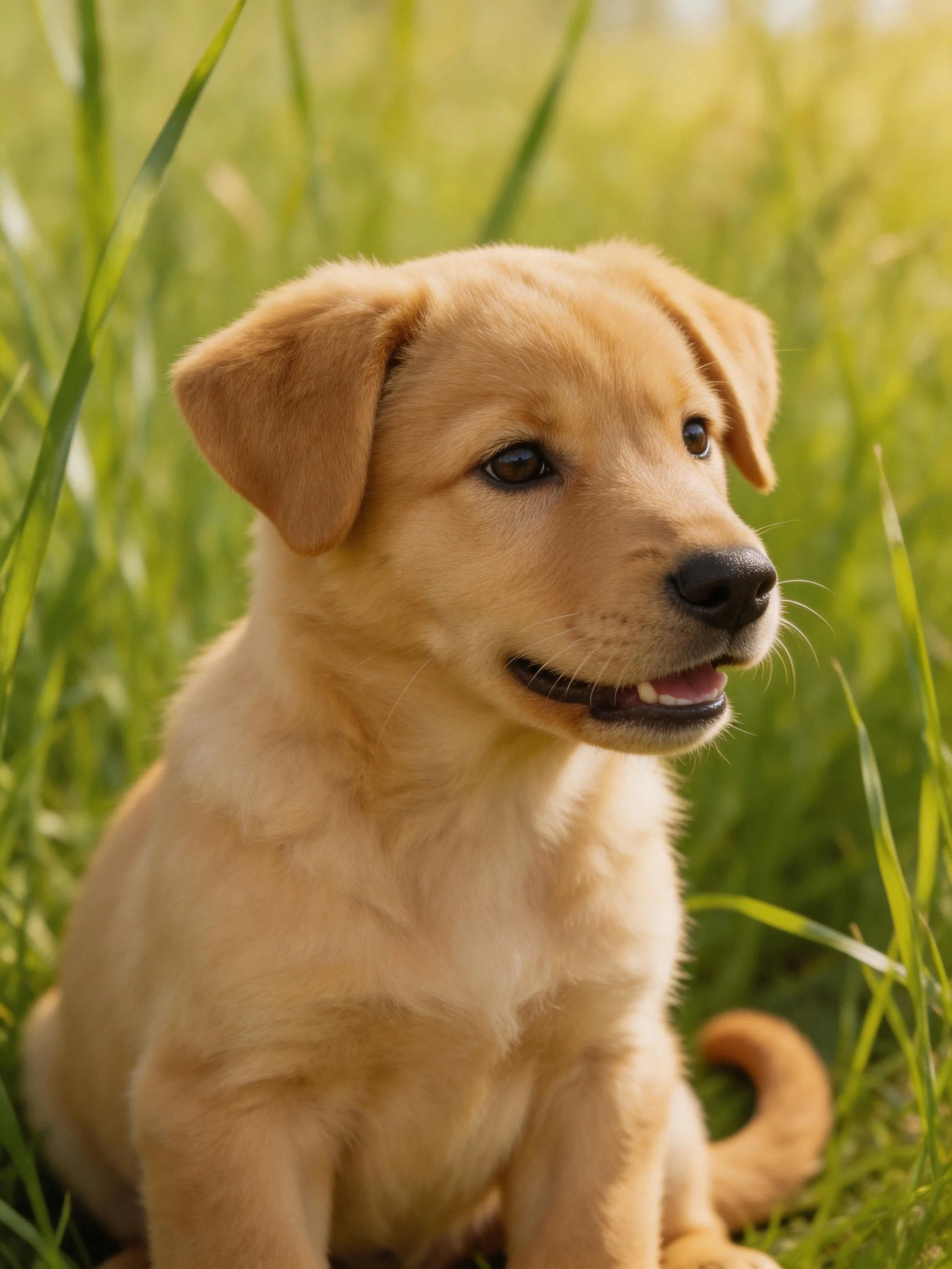 A golden retriever puppy sits contentedly in lush green grass.