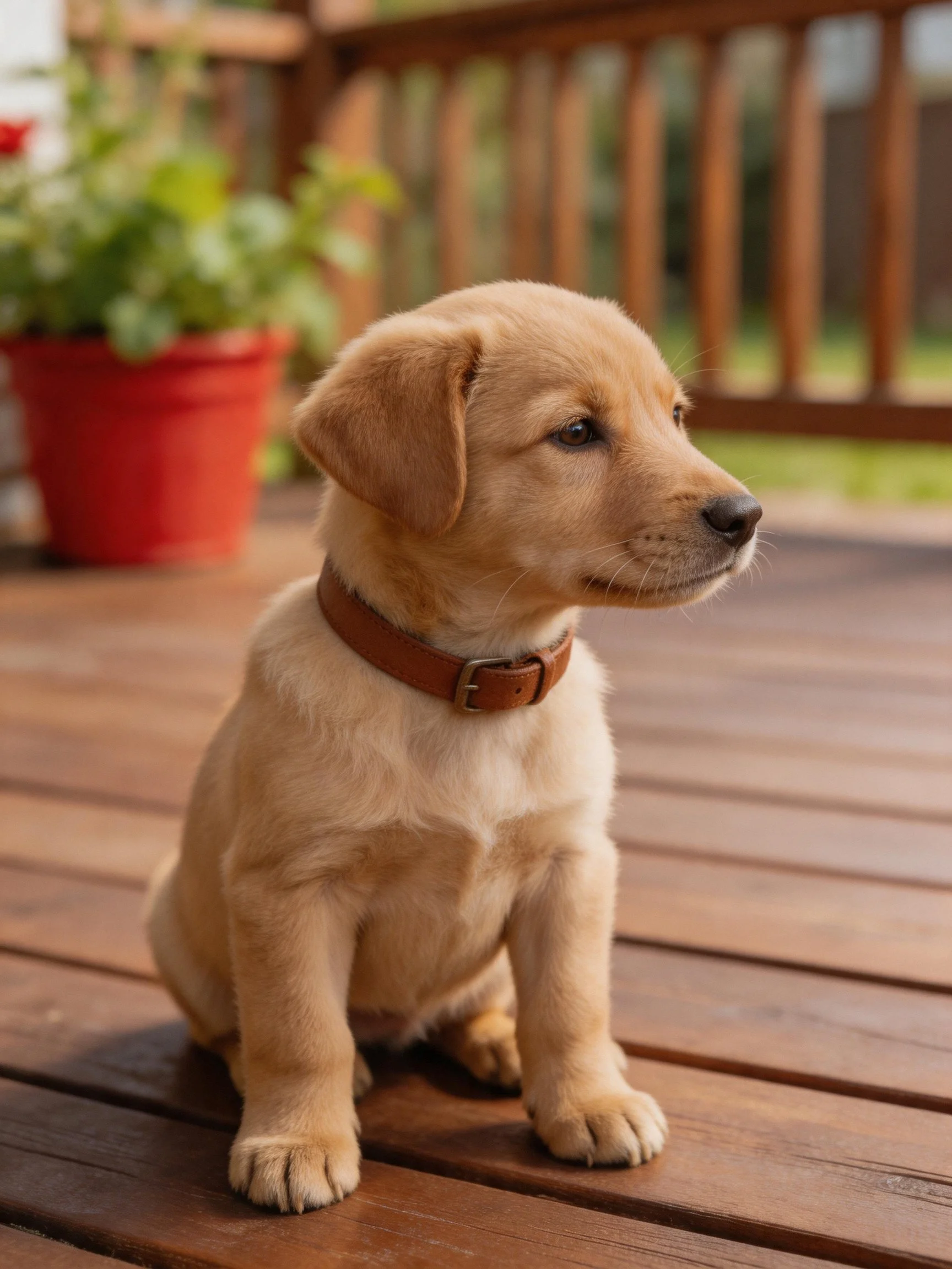 A golden retriever puppy sits calmly on a wooden deck outdoors.