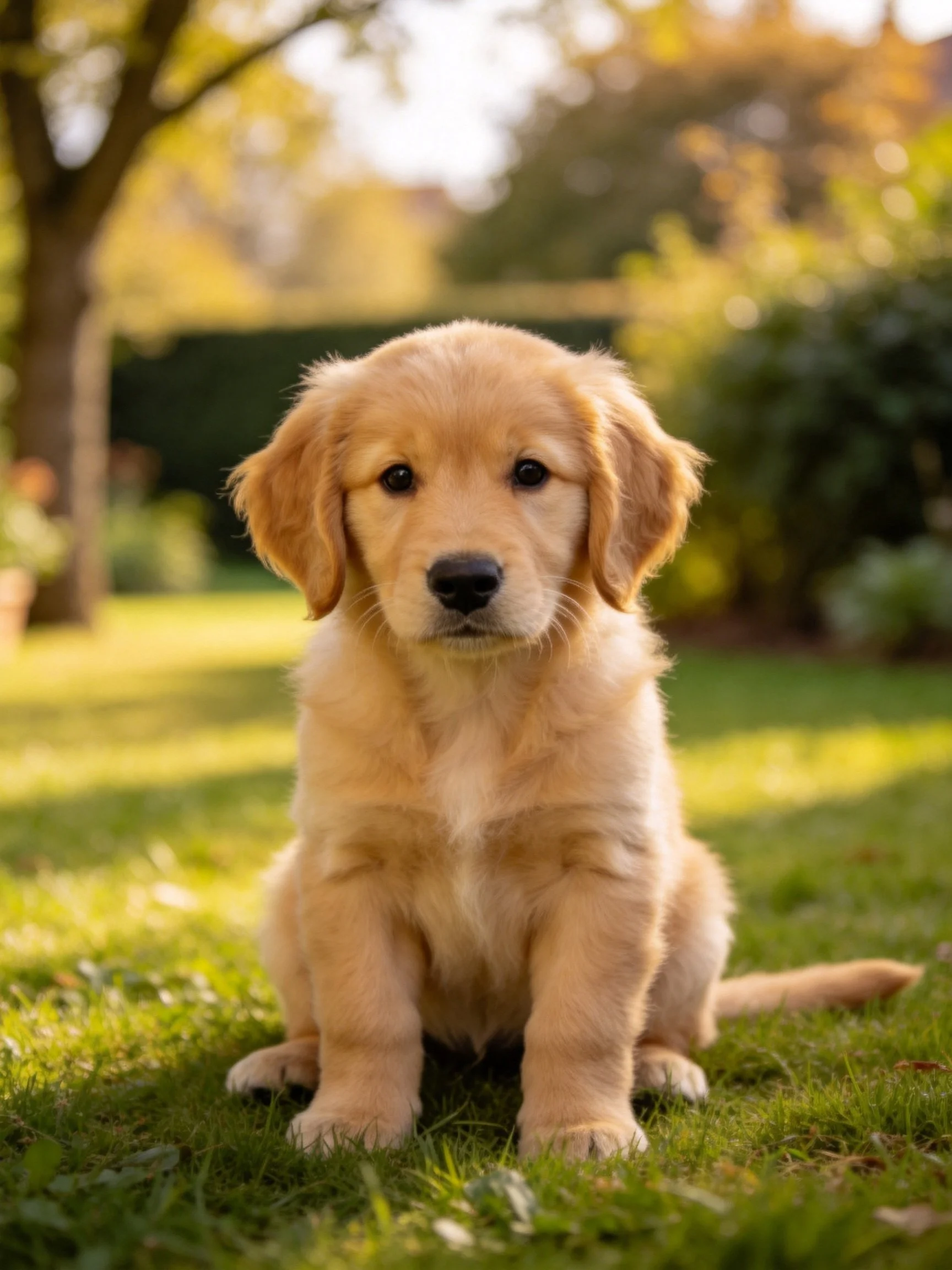 Golden retriever puppy sits calmly on sunlit grass.