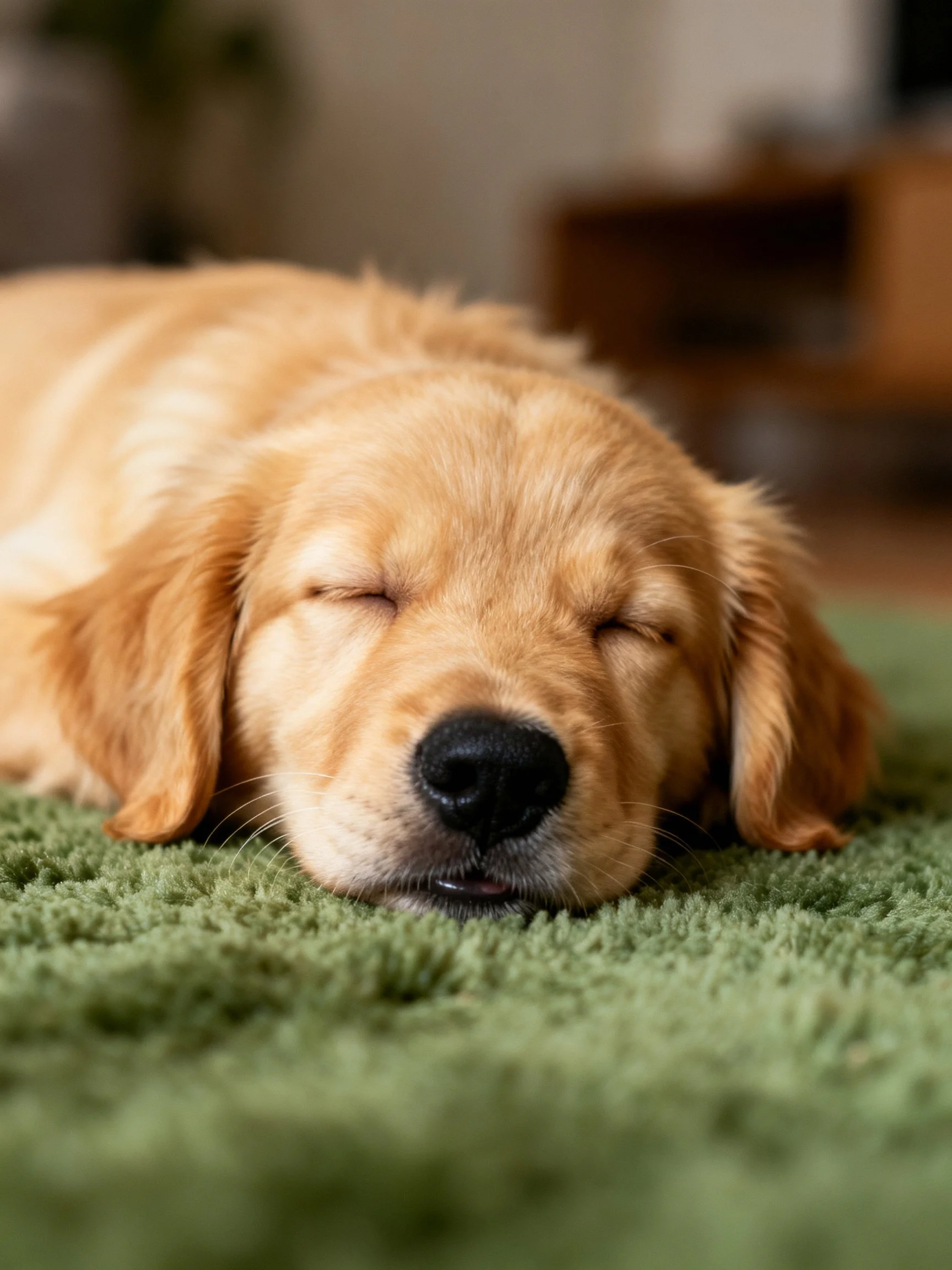 A golden retriever puppy rests quietly on a green carpet indoors.