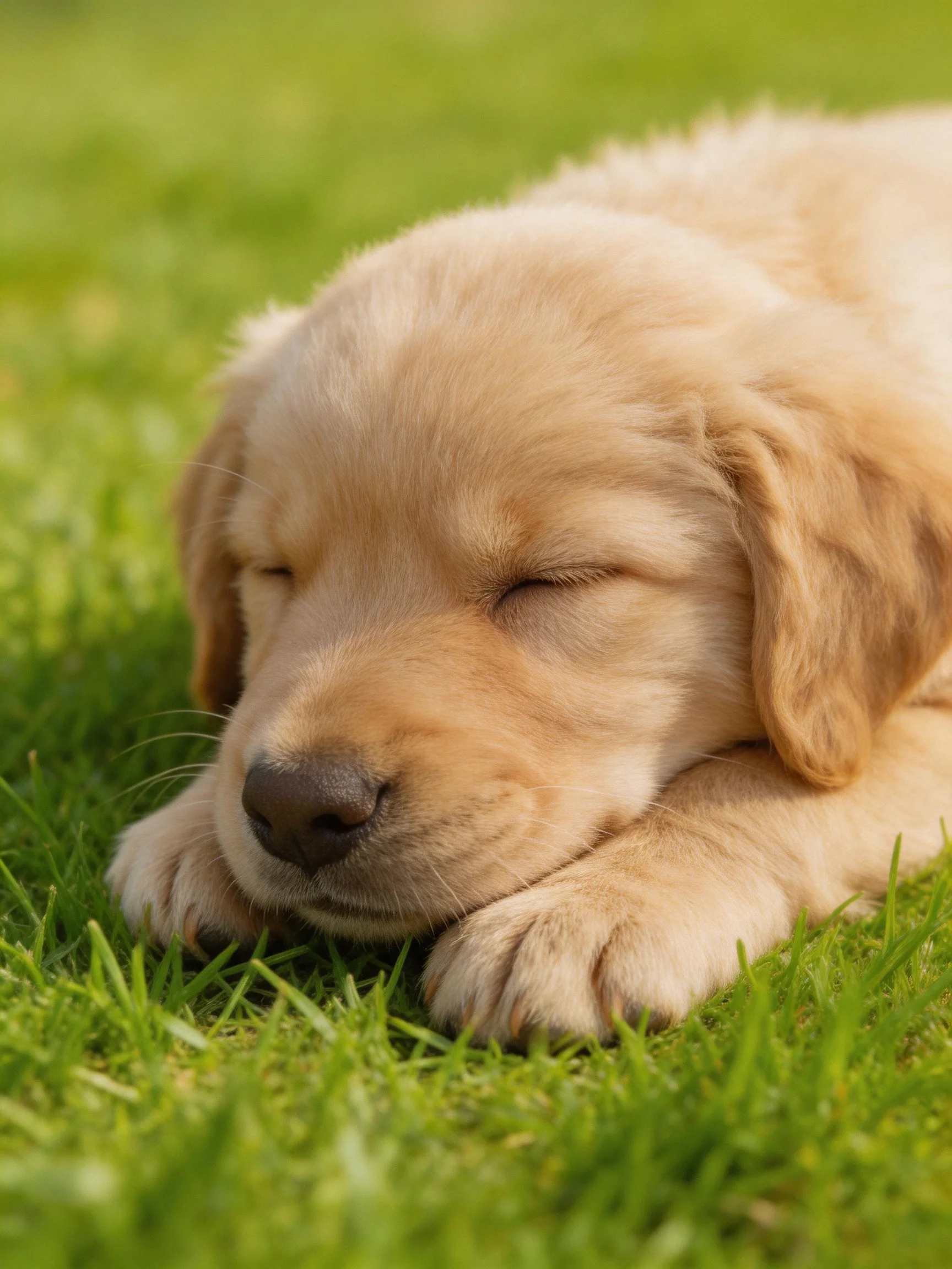 A golden retriever puppy rests soundly on lush green grass.
