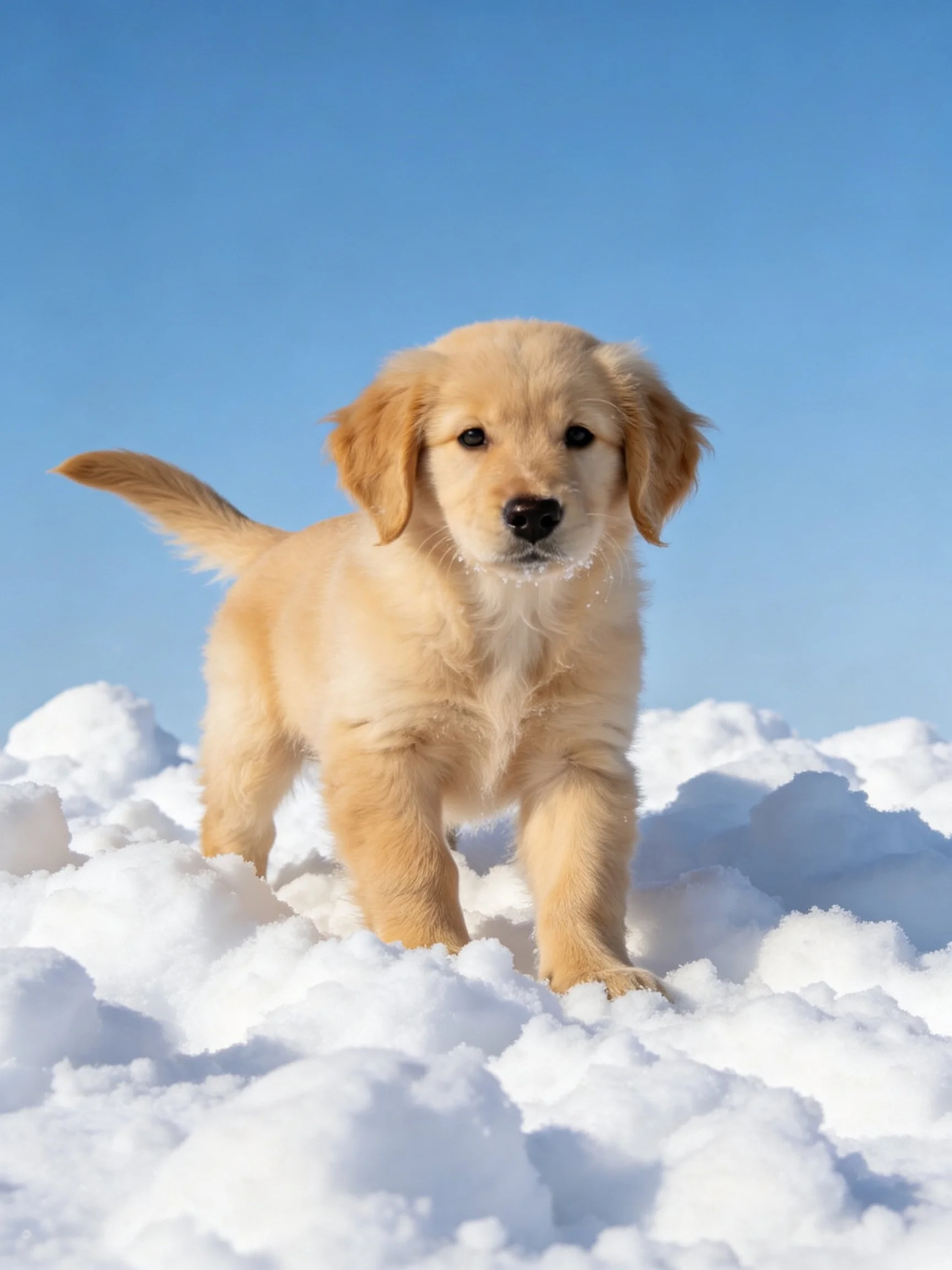 A golden retriever puppy standing in bright white snow under clear blue sky