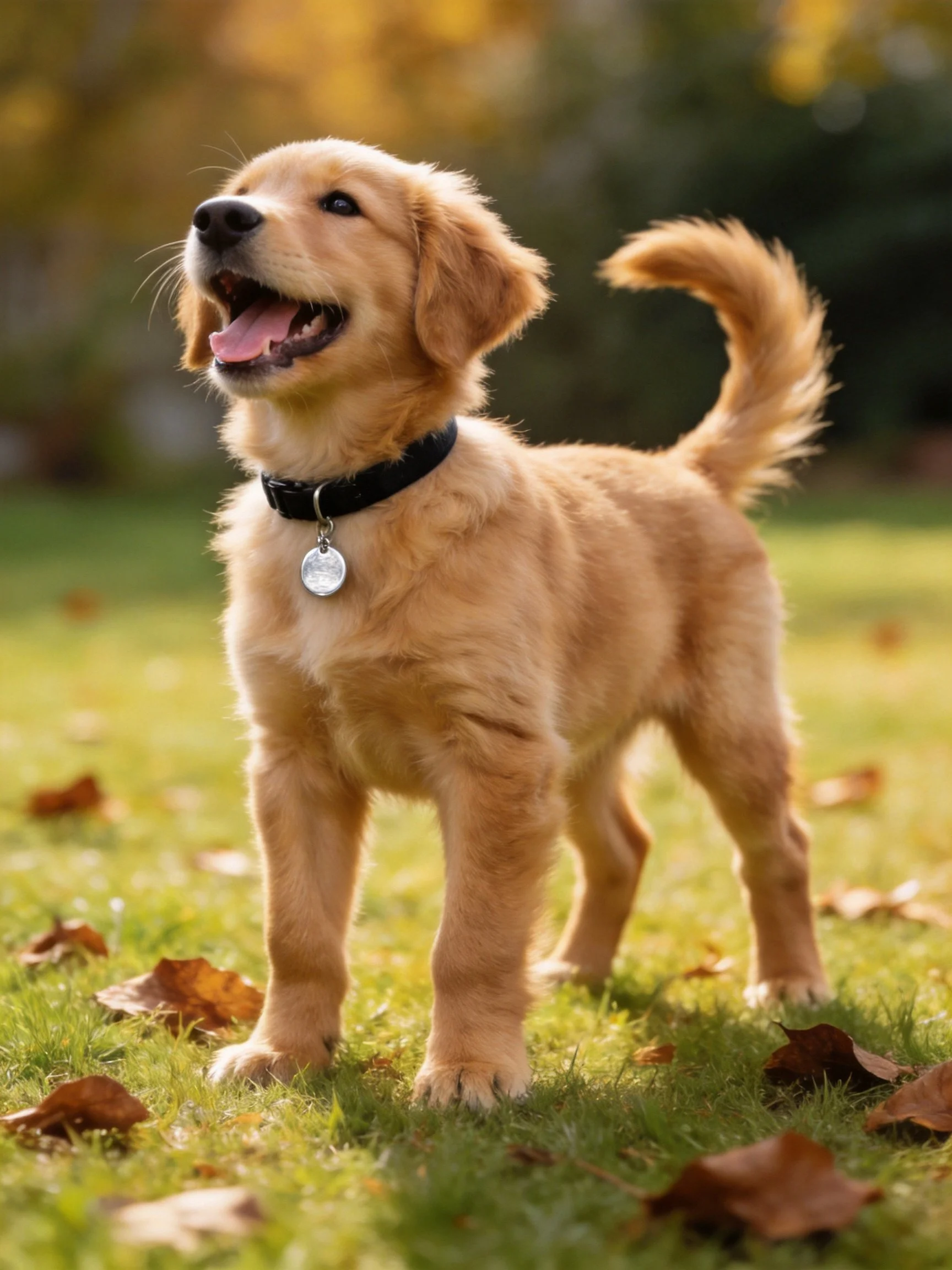 A golden retriever puppy stands joyfully among scattered autumn leaves on grass.