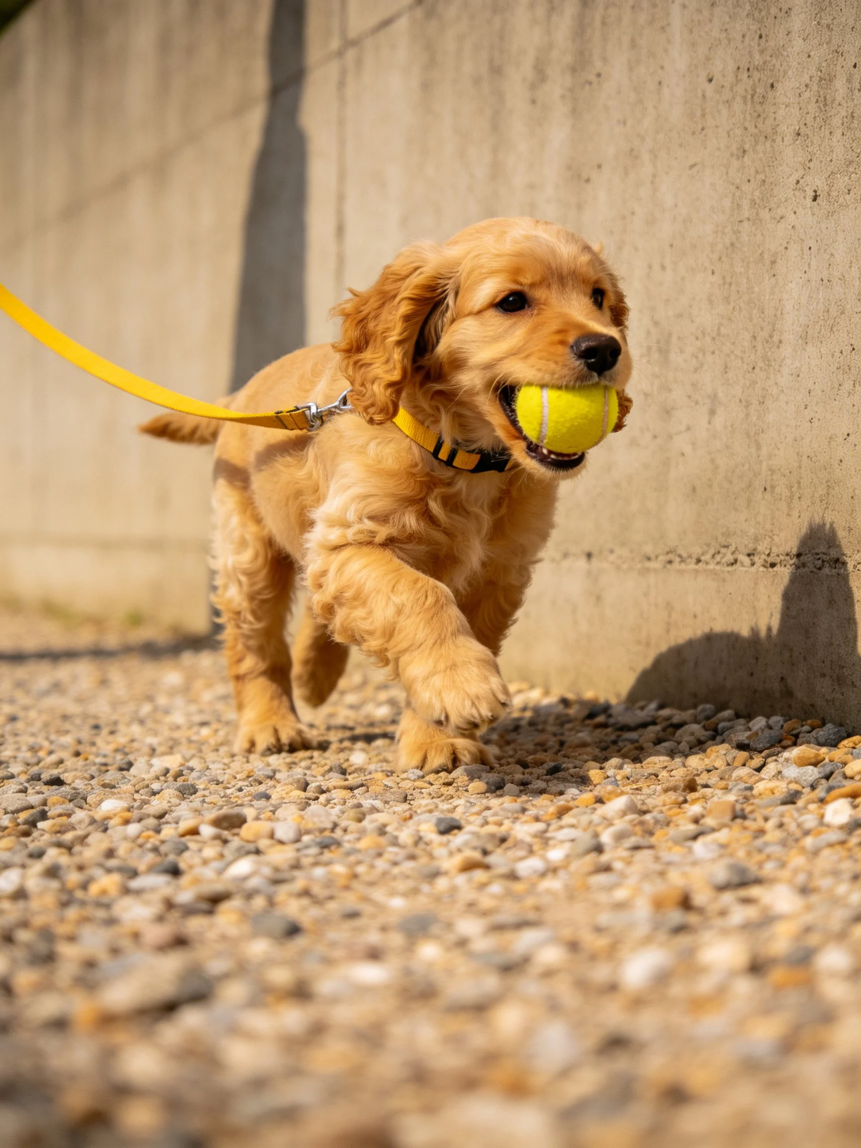 A golden retriever puppy walks along a gravel path while carrying a tennis ball.