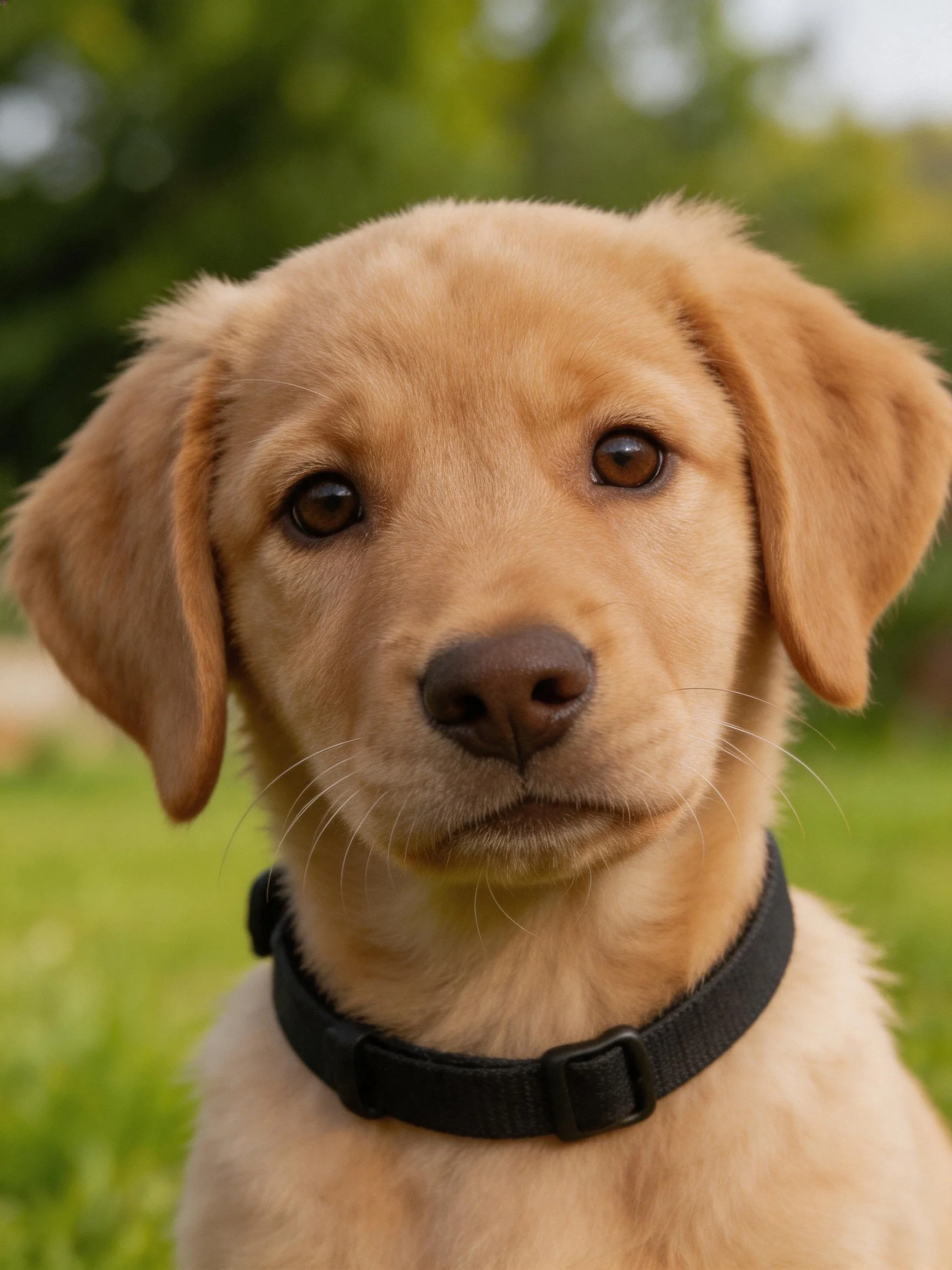 A golden retriever puppy dons a black collar in a lush outdoor environment.