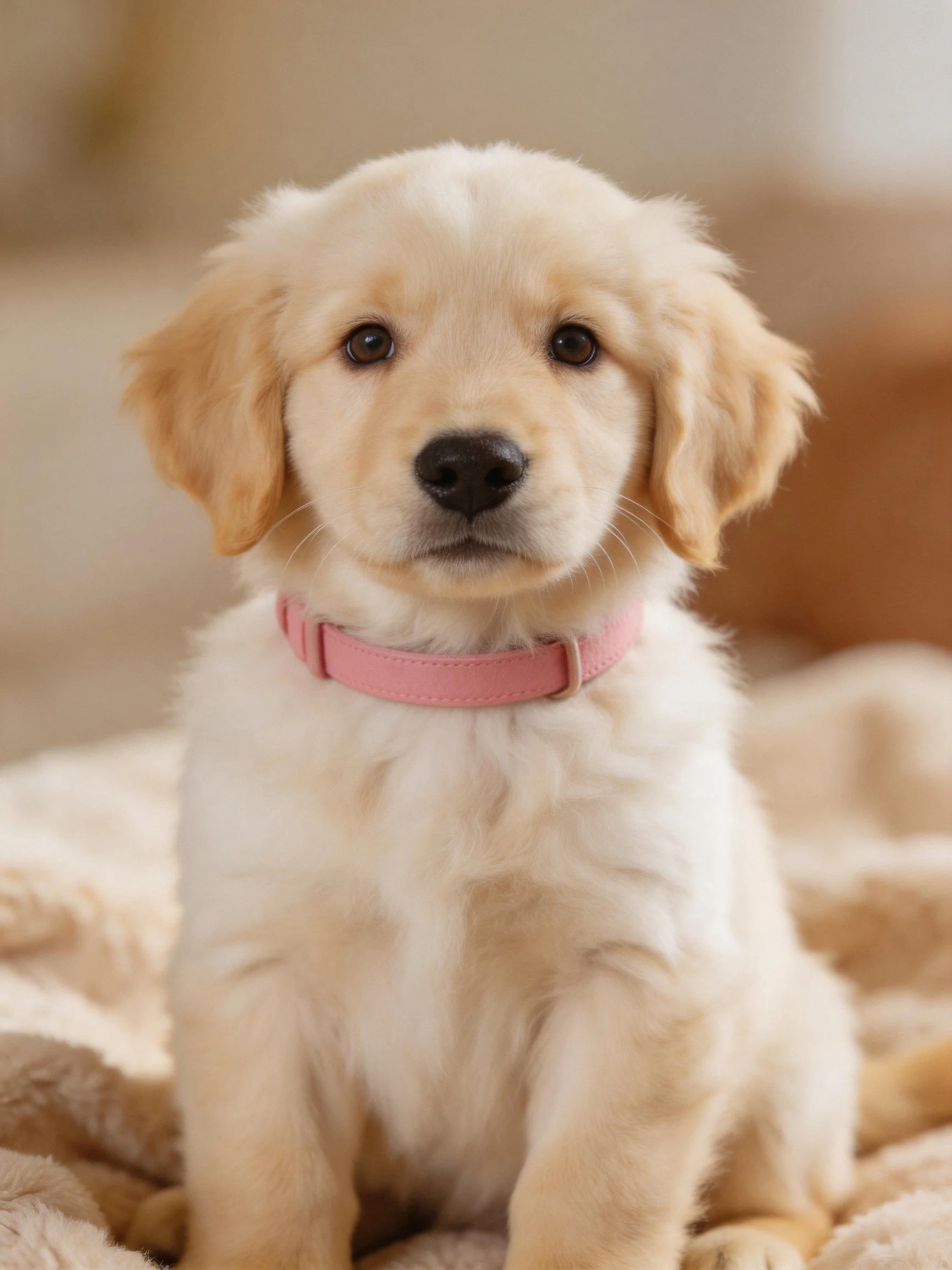 A golden retriever puppy with a pink collar rests on a soft beige blanket