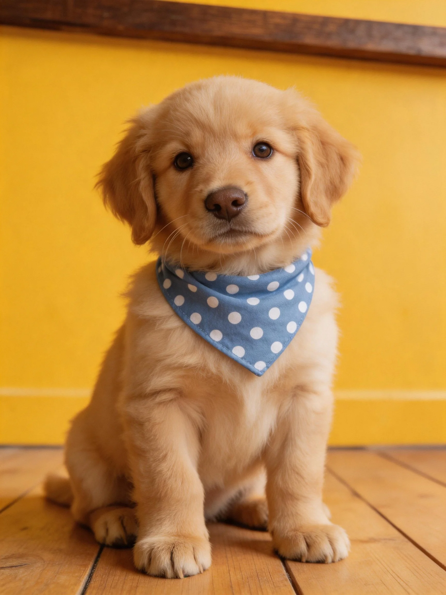 A golden retriever puppy with a blue polka dot bandana sits calmly near a yellow wall.