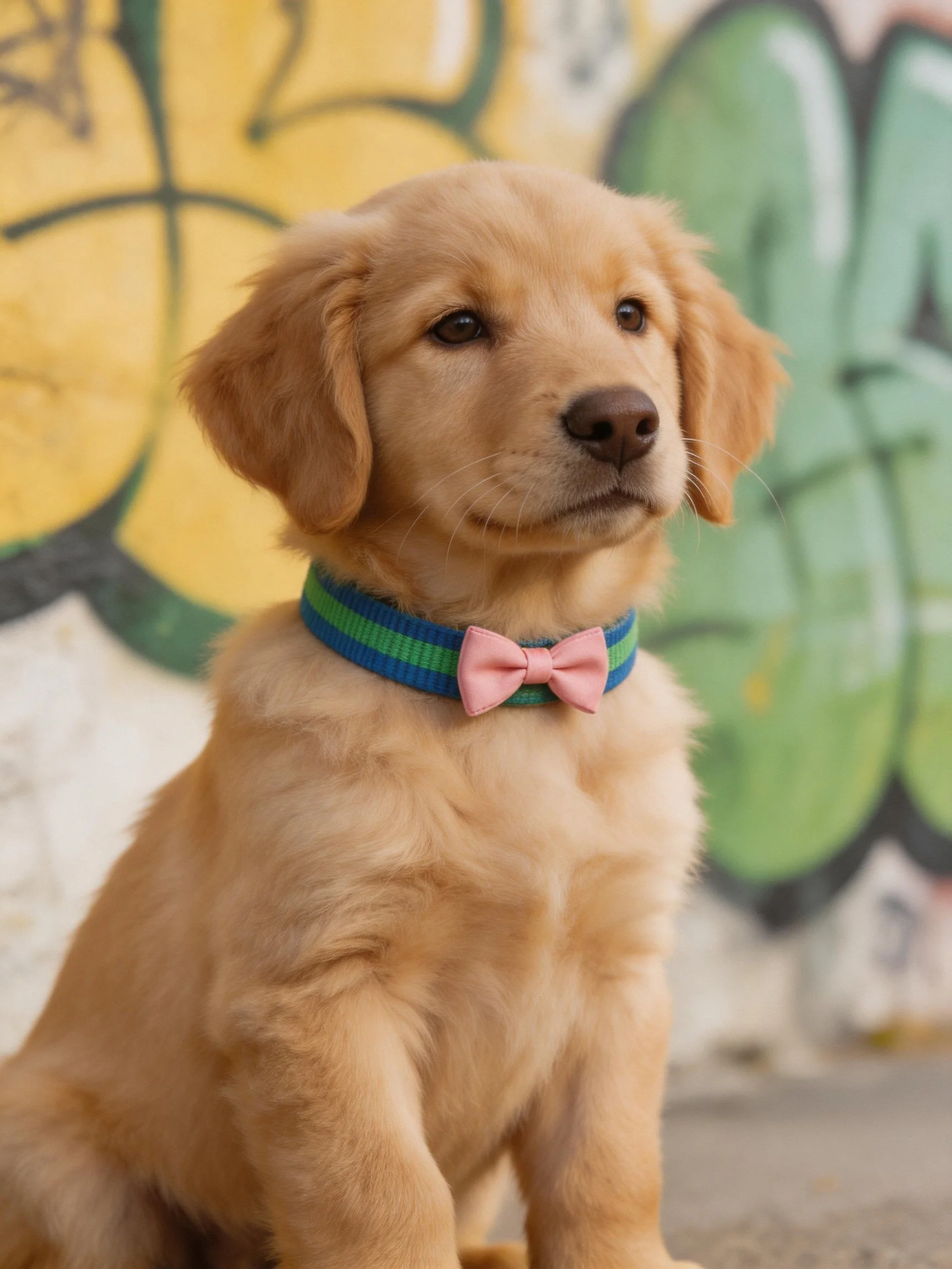 A golden retriever puppy sits near a colorful graffiti wall with a striped collar and bowtie.