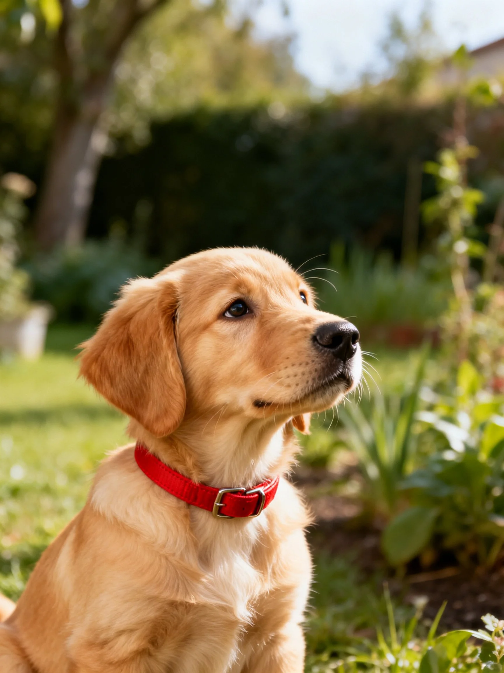 A golden retriever puppy wearing a red collar sits in a sunlit outdoor garden area.