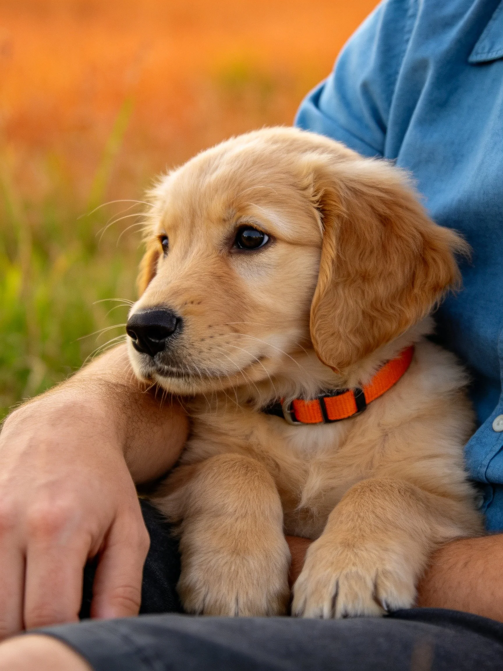 A golden retriever puppy rests calmly on someones lap in an outdoor setting.