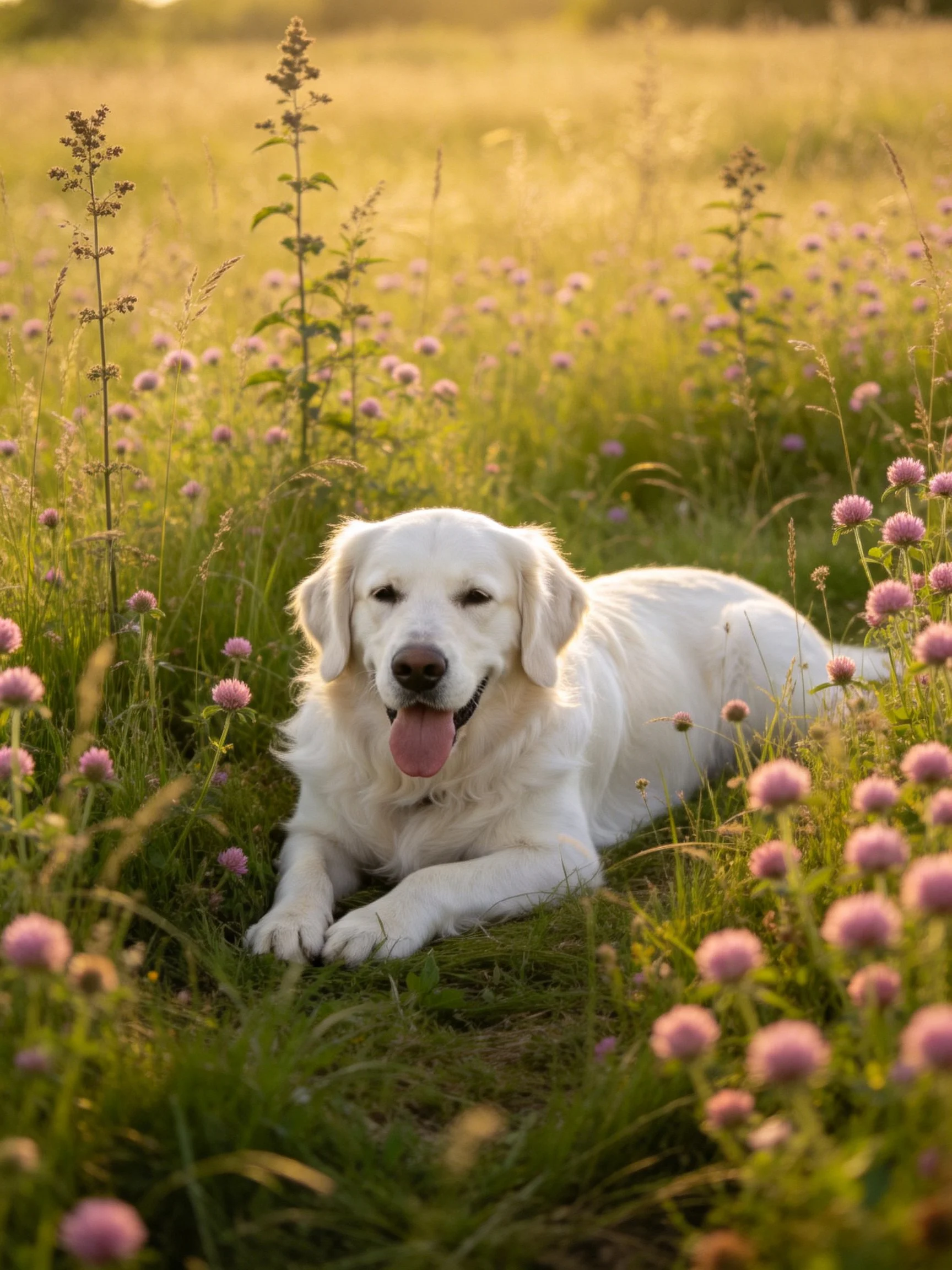 A golden retriever enjoys a peaceful moment in a sunlit flower meadow.