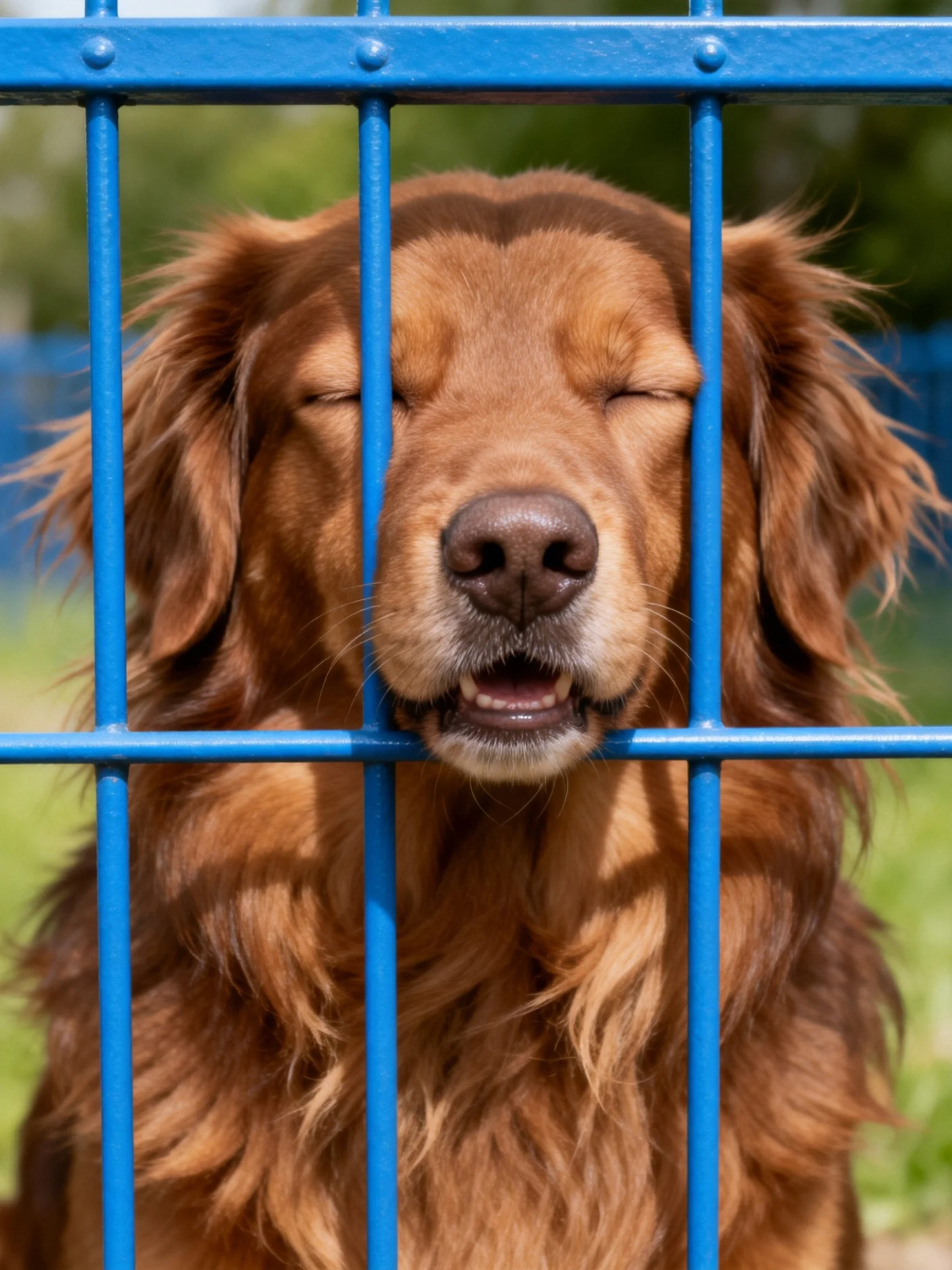 A golden retriever relaxes behind bright blue metal bars
