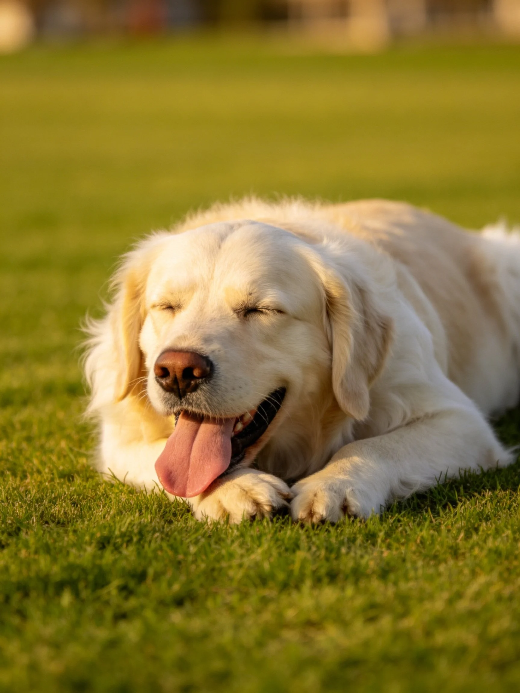 A golden retriever relaxes peacefully on green grass in soft sunlight.