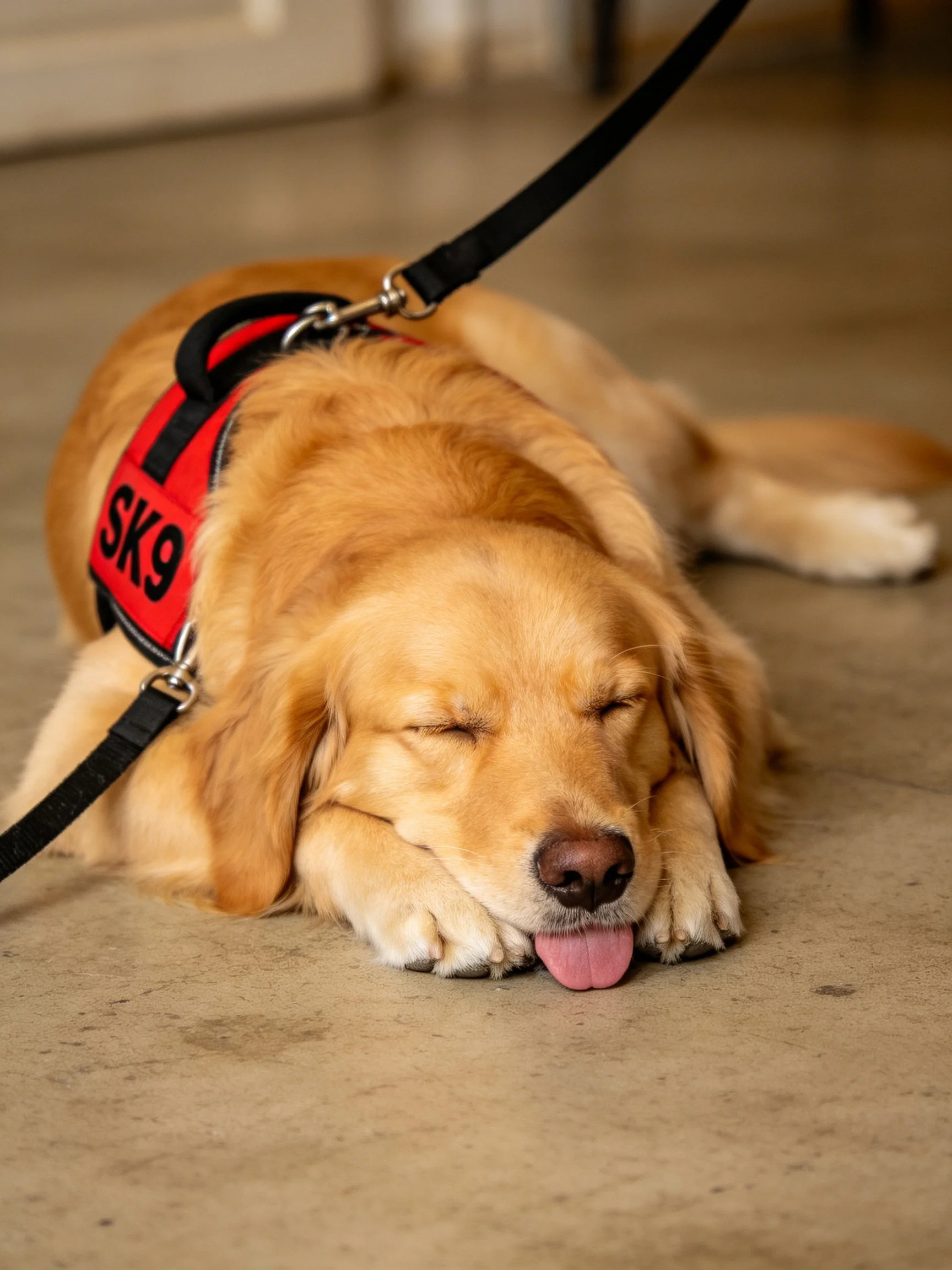 A golden retriever relaxes in an SK9 harness on a concrete floor.
