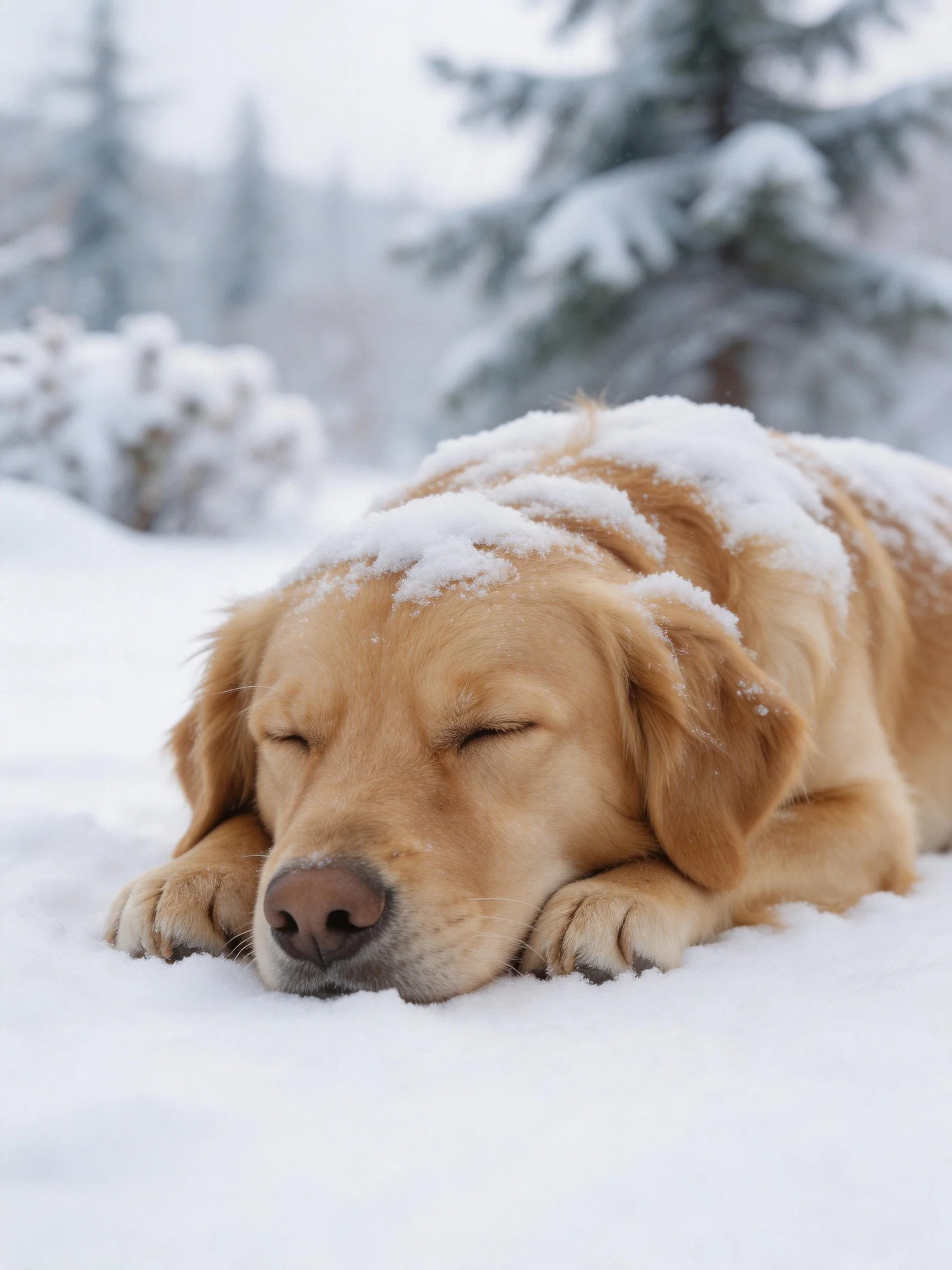 A golden retriever sleeps calmly among the snow.