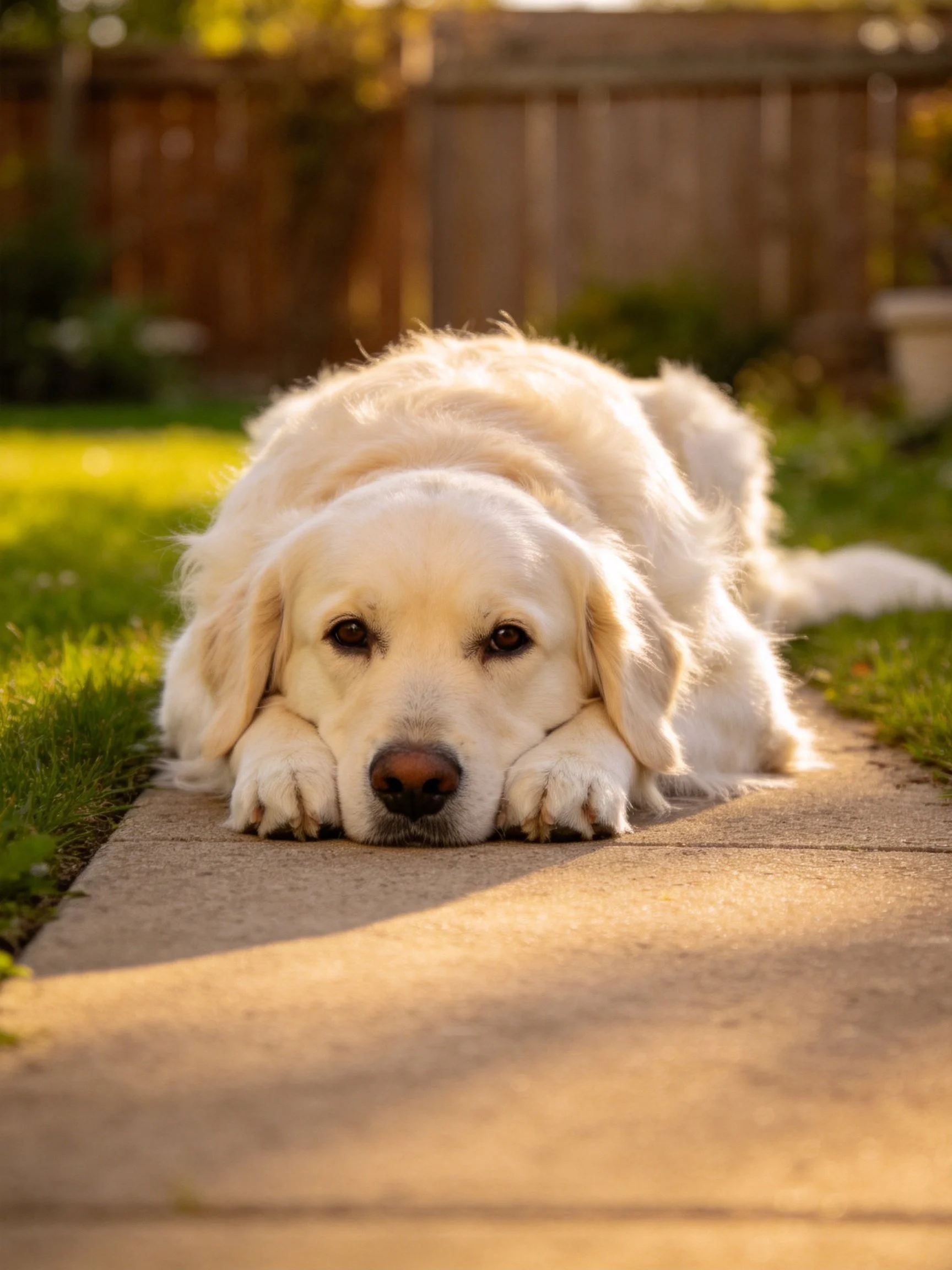 A golden retriever rests calmly on a sunlit concrete path in a backyard.