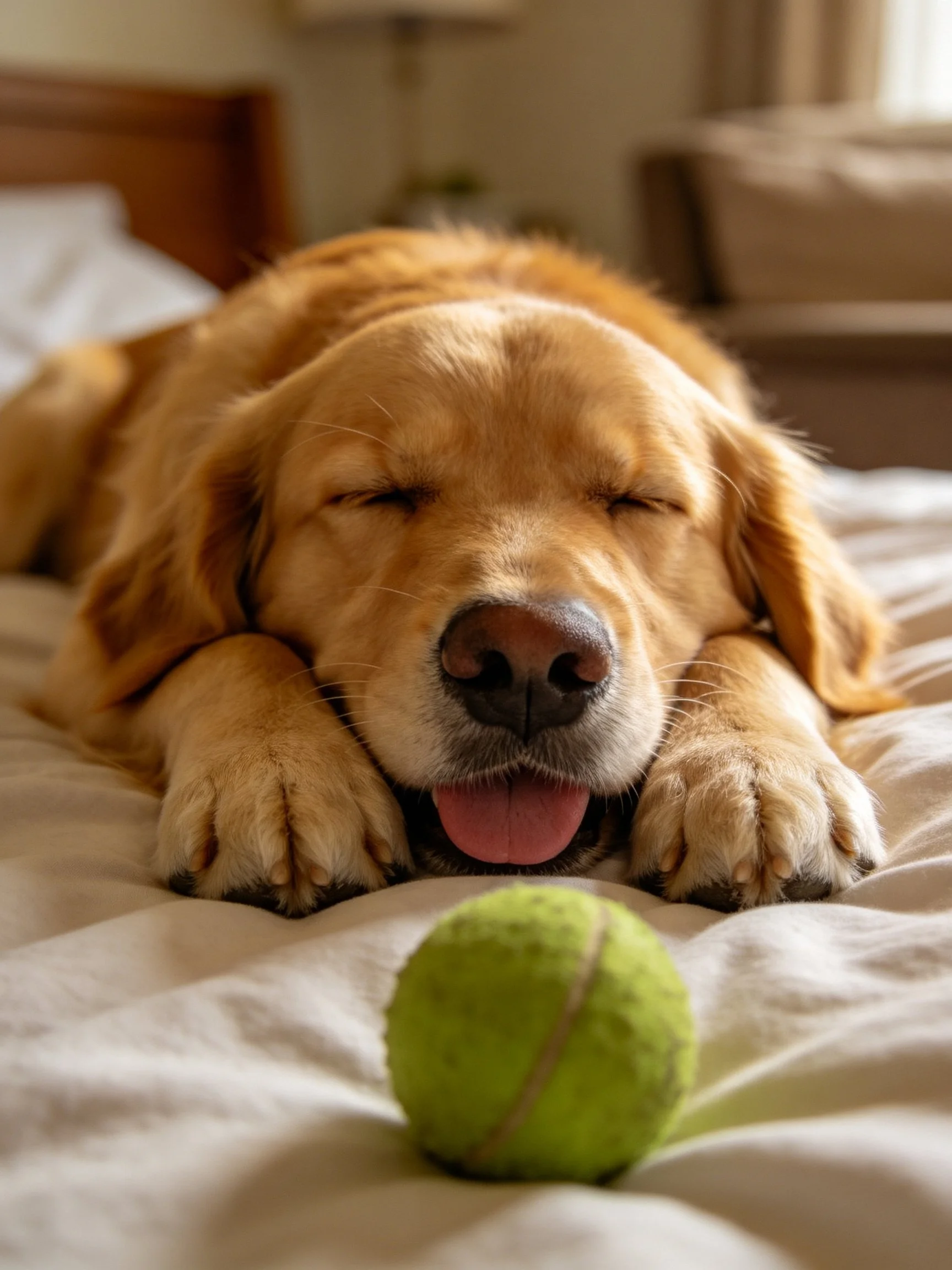 A golden retriever relaxes on a bed with a tennis ball nearby.