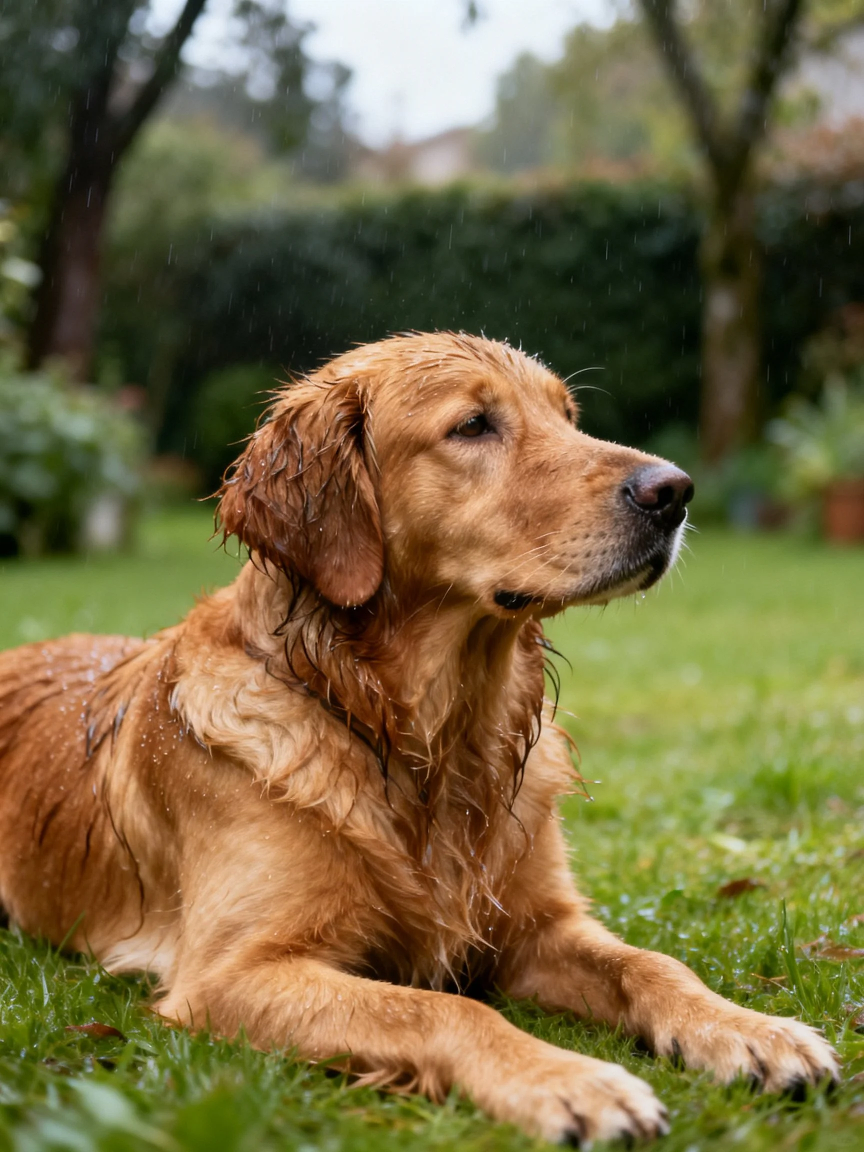 A golden retriever resting on damp grass amid falling raindrops