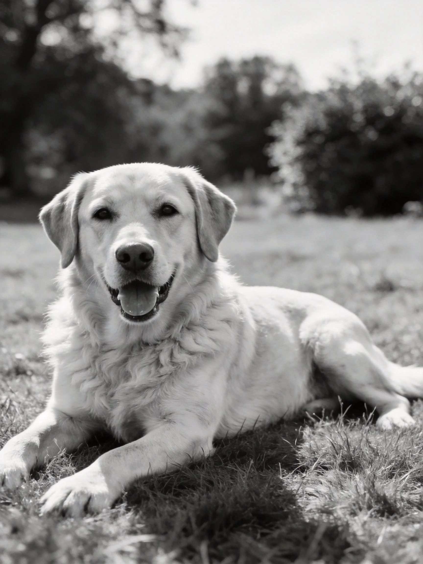 A golden retriever rests calmly on grass in a black - and - white outdoor photo.