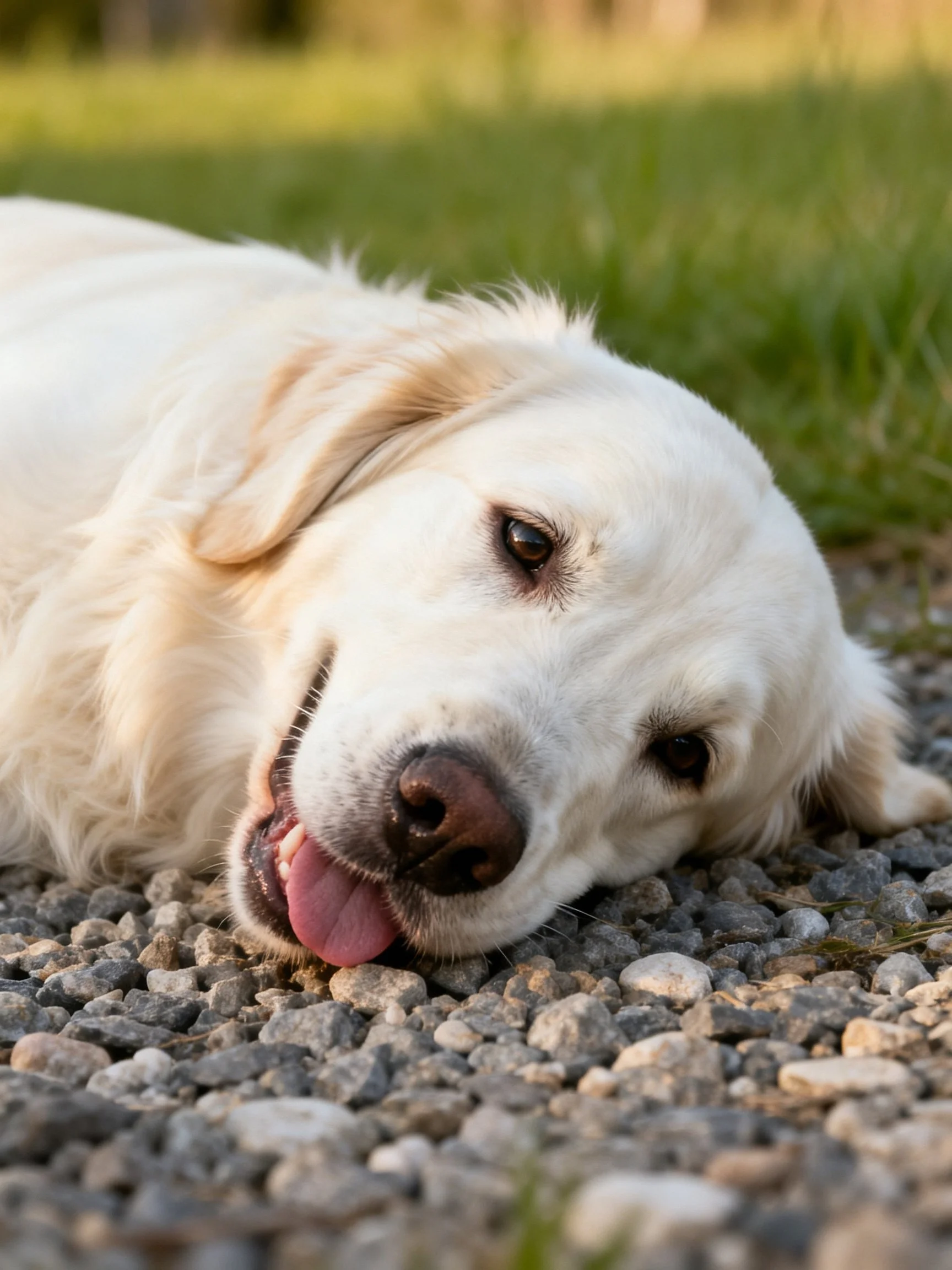 A golden retriever relaxes on gravel with greenery in the background.