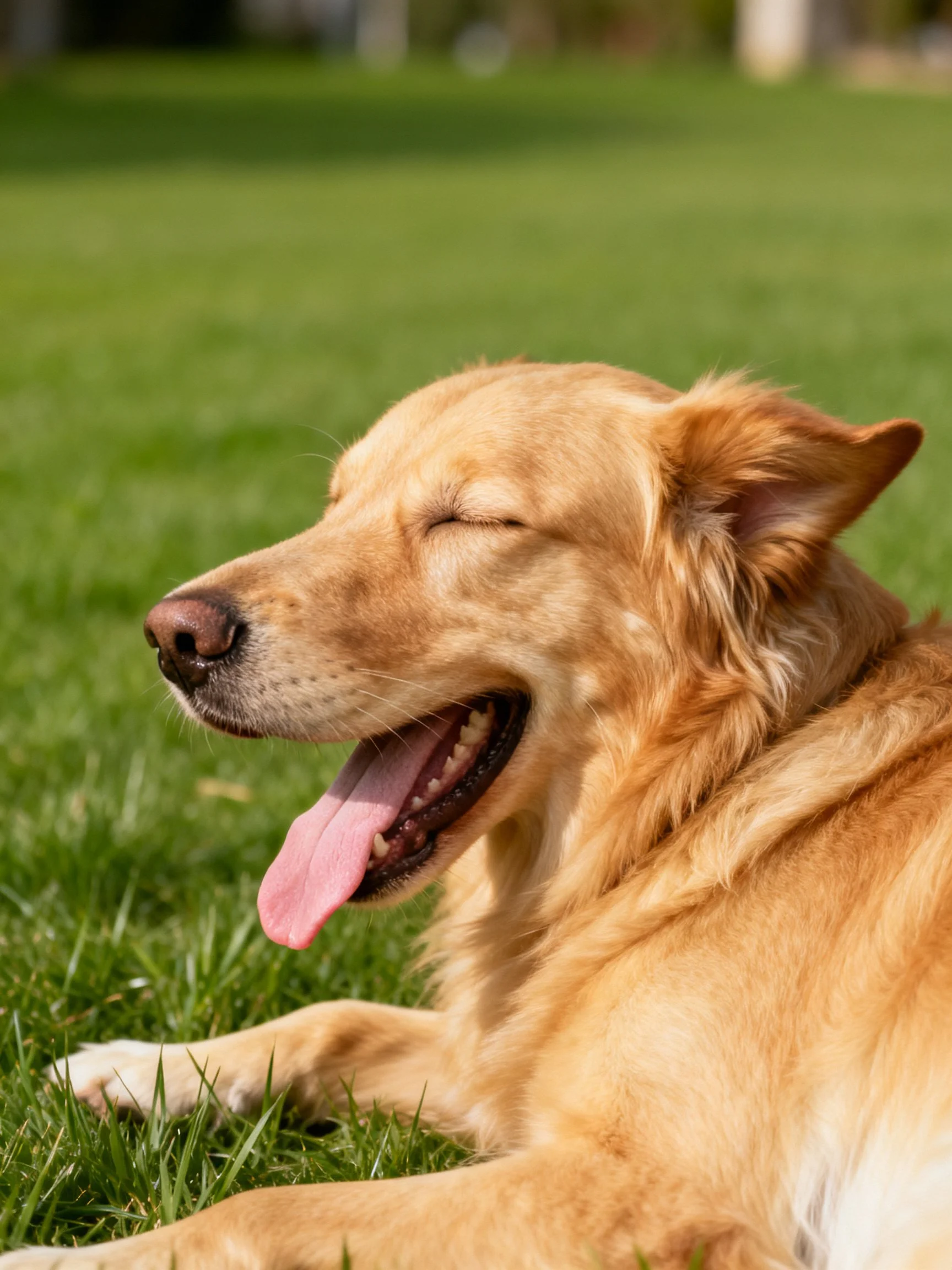 A golden retriever rests peacefully on green grass outdoors.