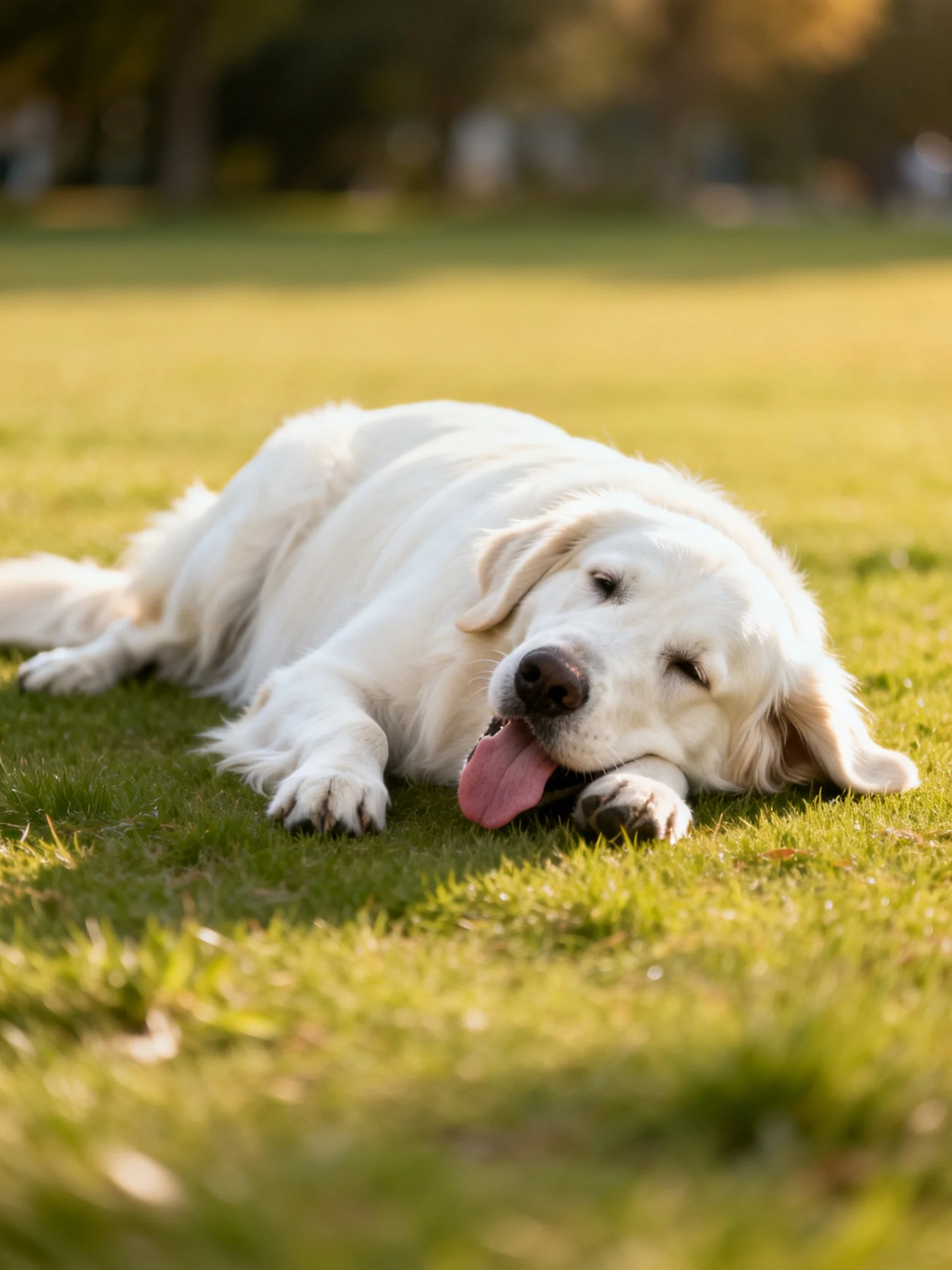 A golden retriever relaxes on a sunlit grassy area.