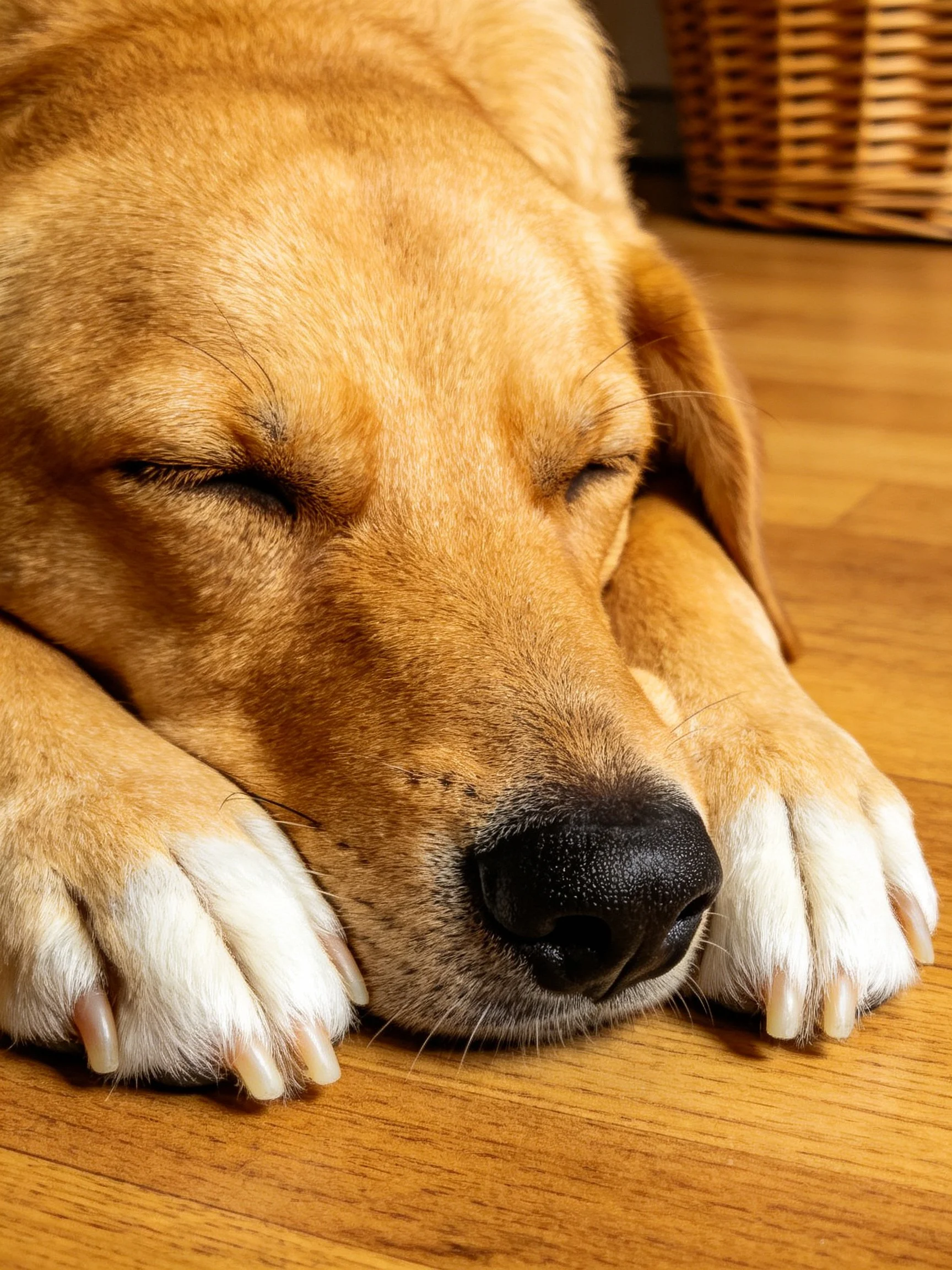 A golden retriever resting peacefully on a polished wooden floor