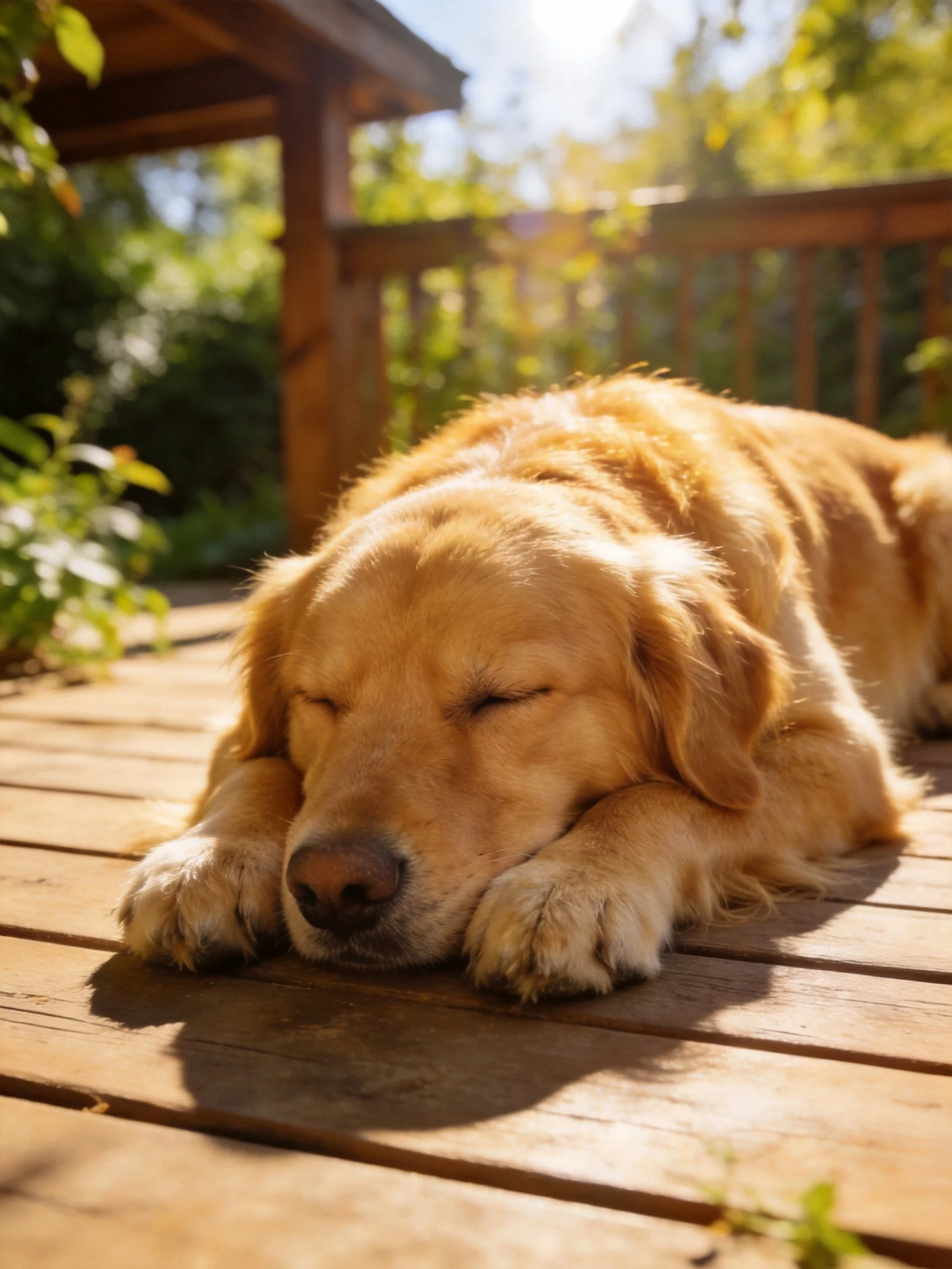 A golden retriever resting peacefully on a sunlit wooden deck