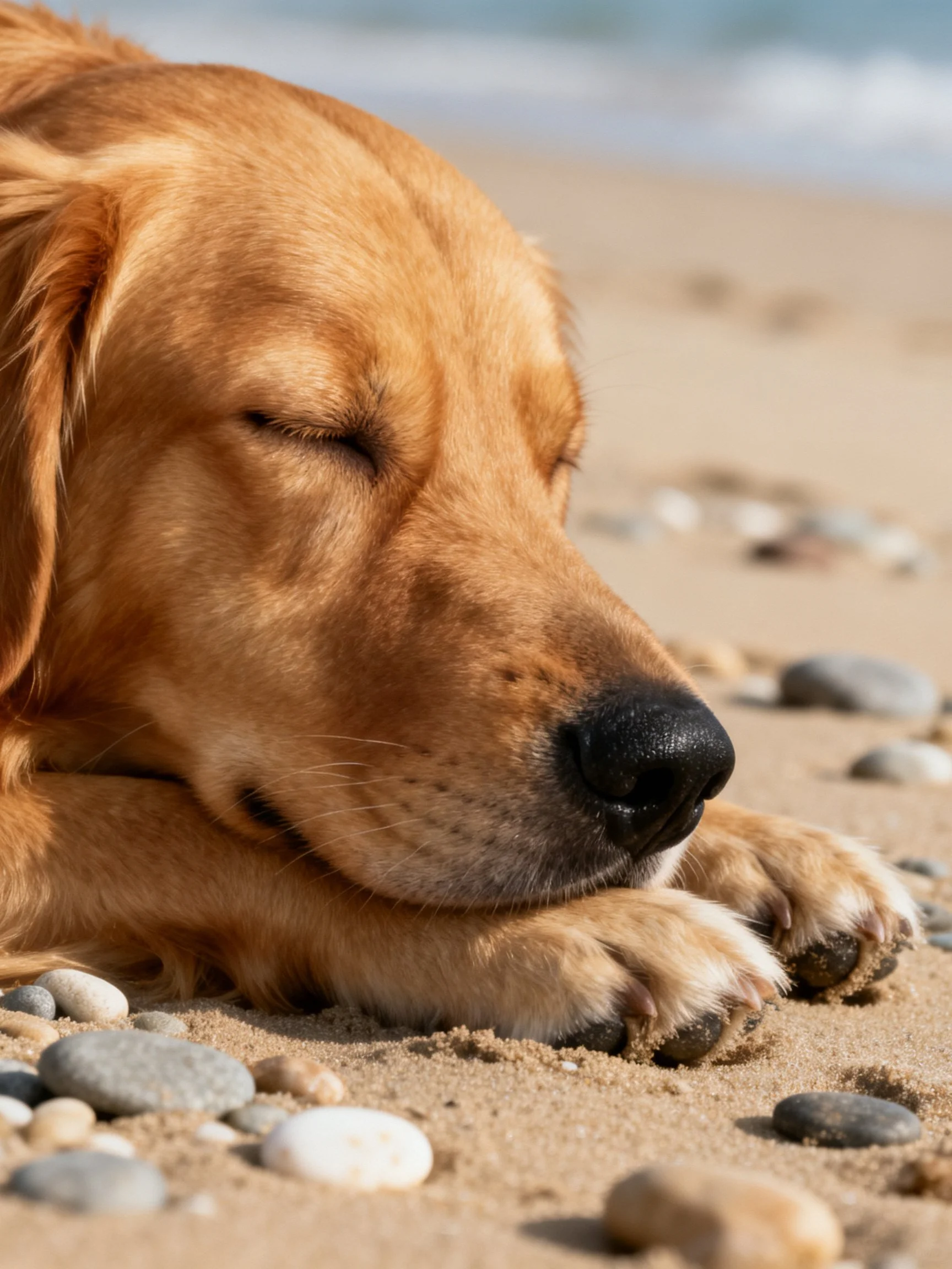 A golden retriever resting peacefully on sandy beach with scattered pebbles