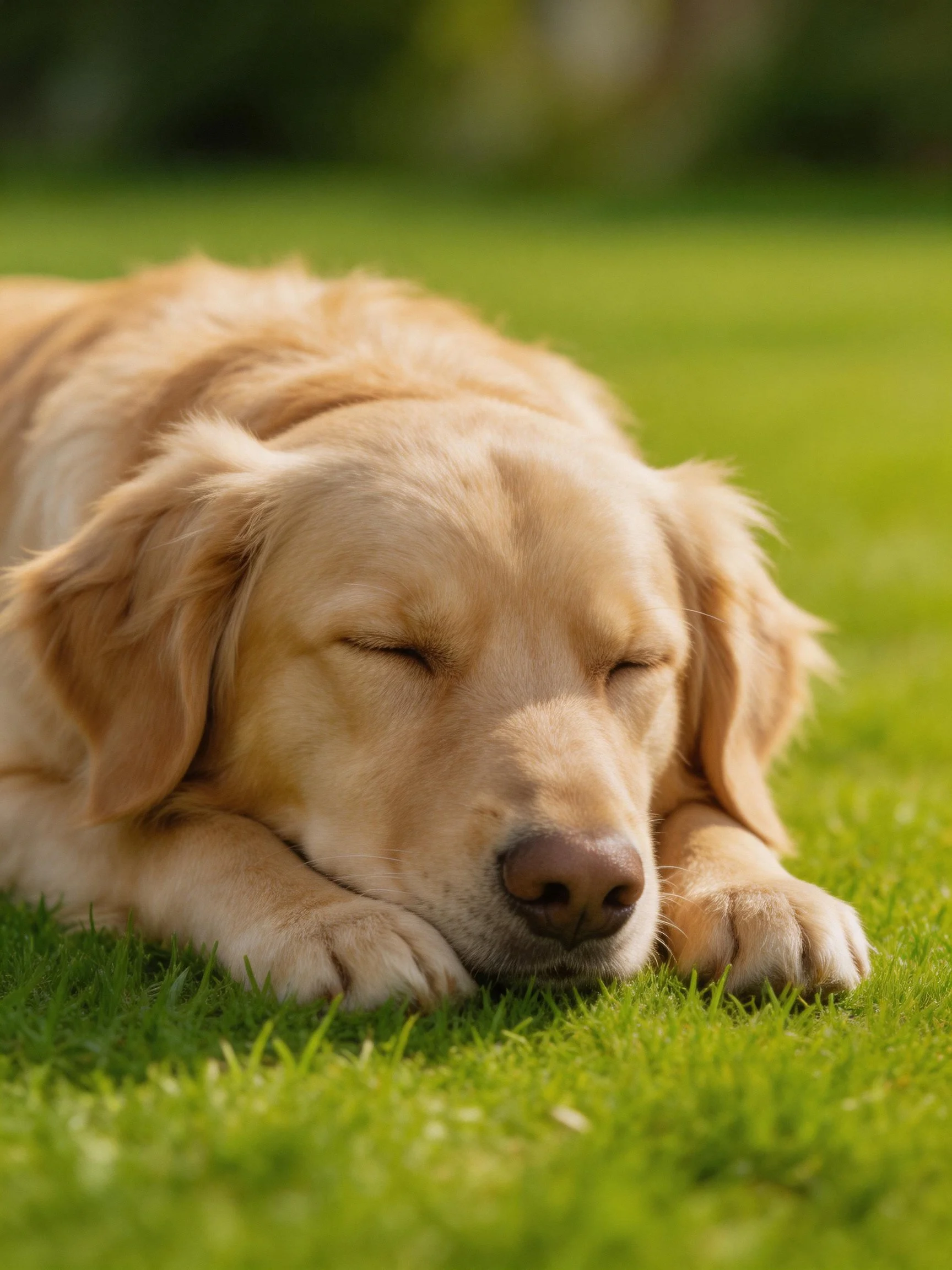 A golden retriever resting peacefully on vibrant green grass