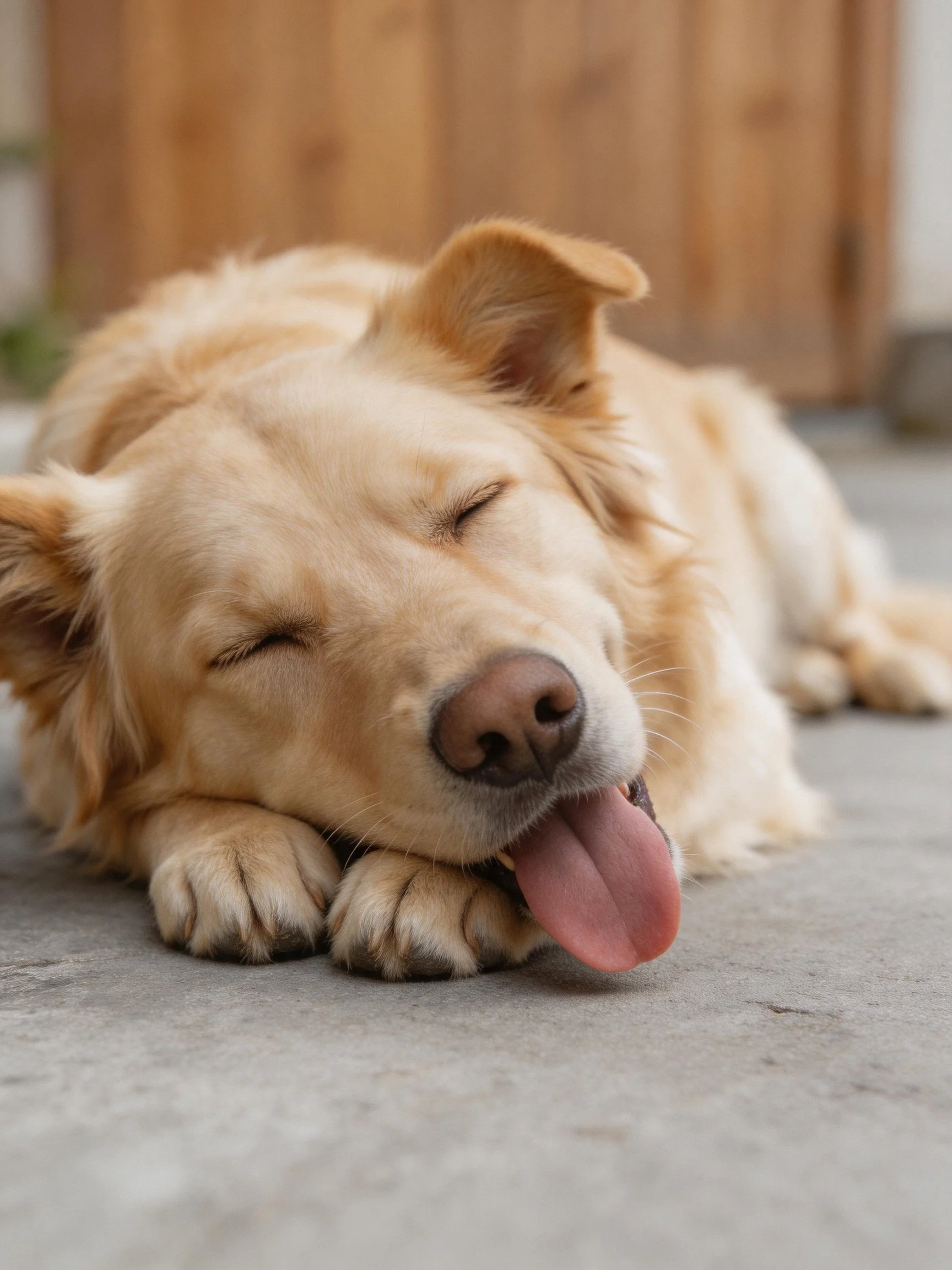A golden retriever relaxes peacefully on a concrete area