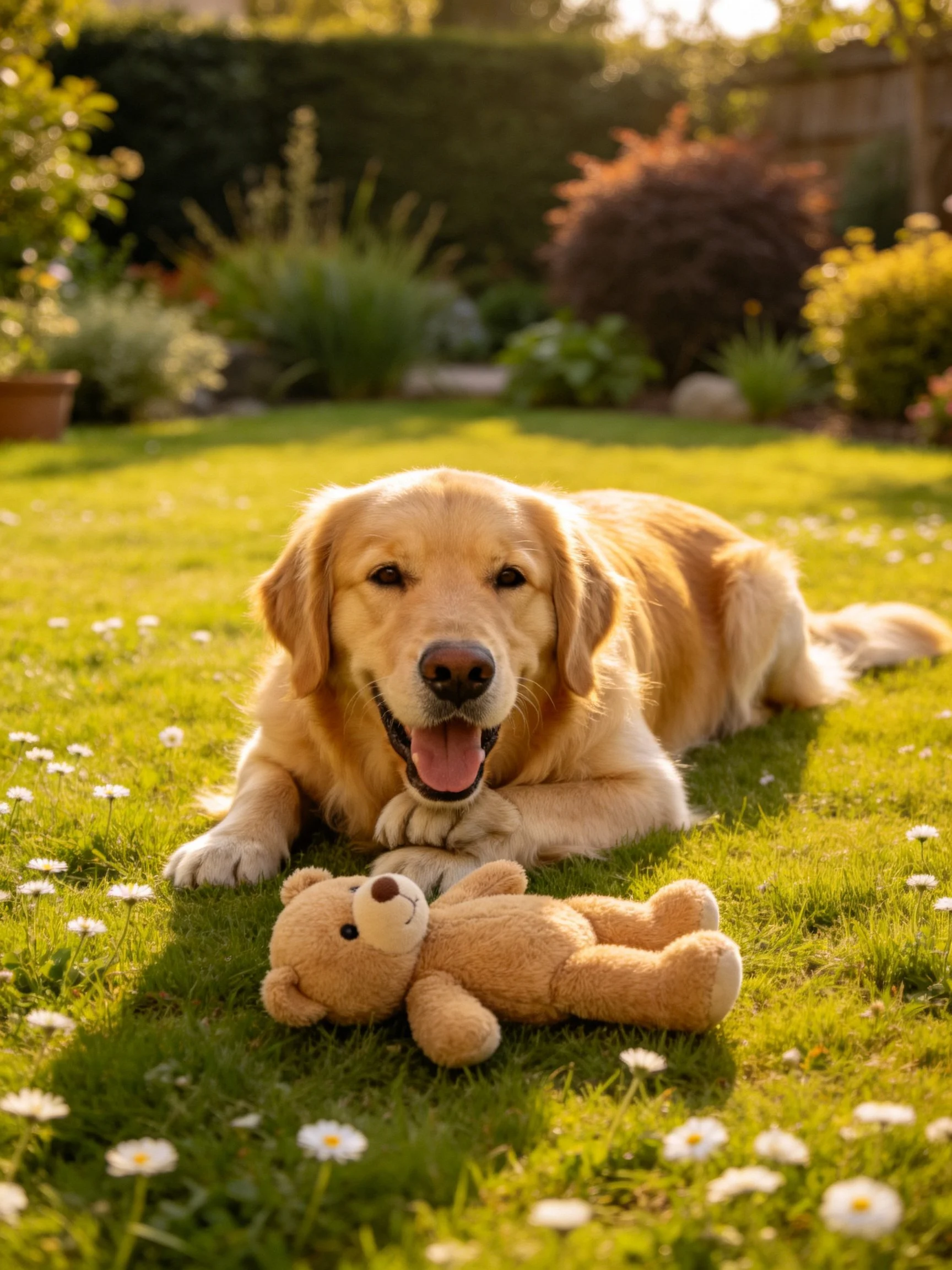 A golden retriever relaxes next to a stuffed toy on a sunlit, flower-dotted lawn.