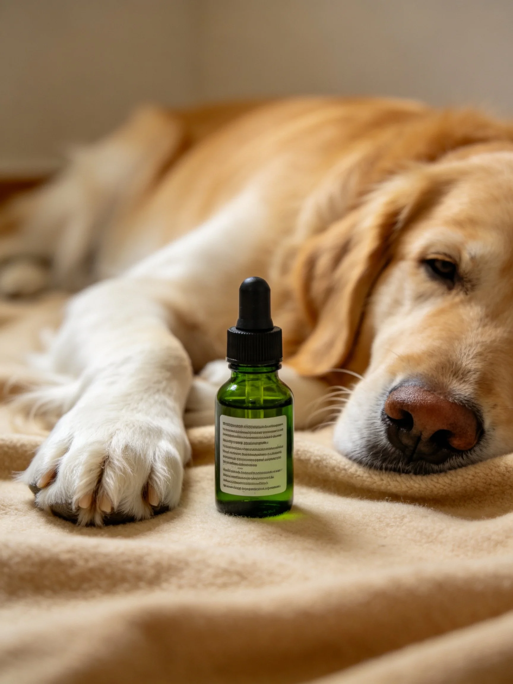 A golden retriever relaxes near a small green dropper bottle on a soft blanket.