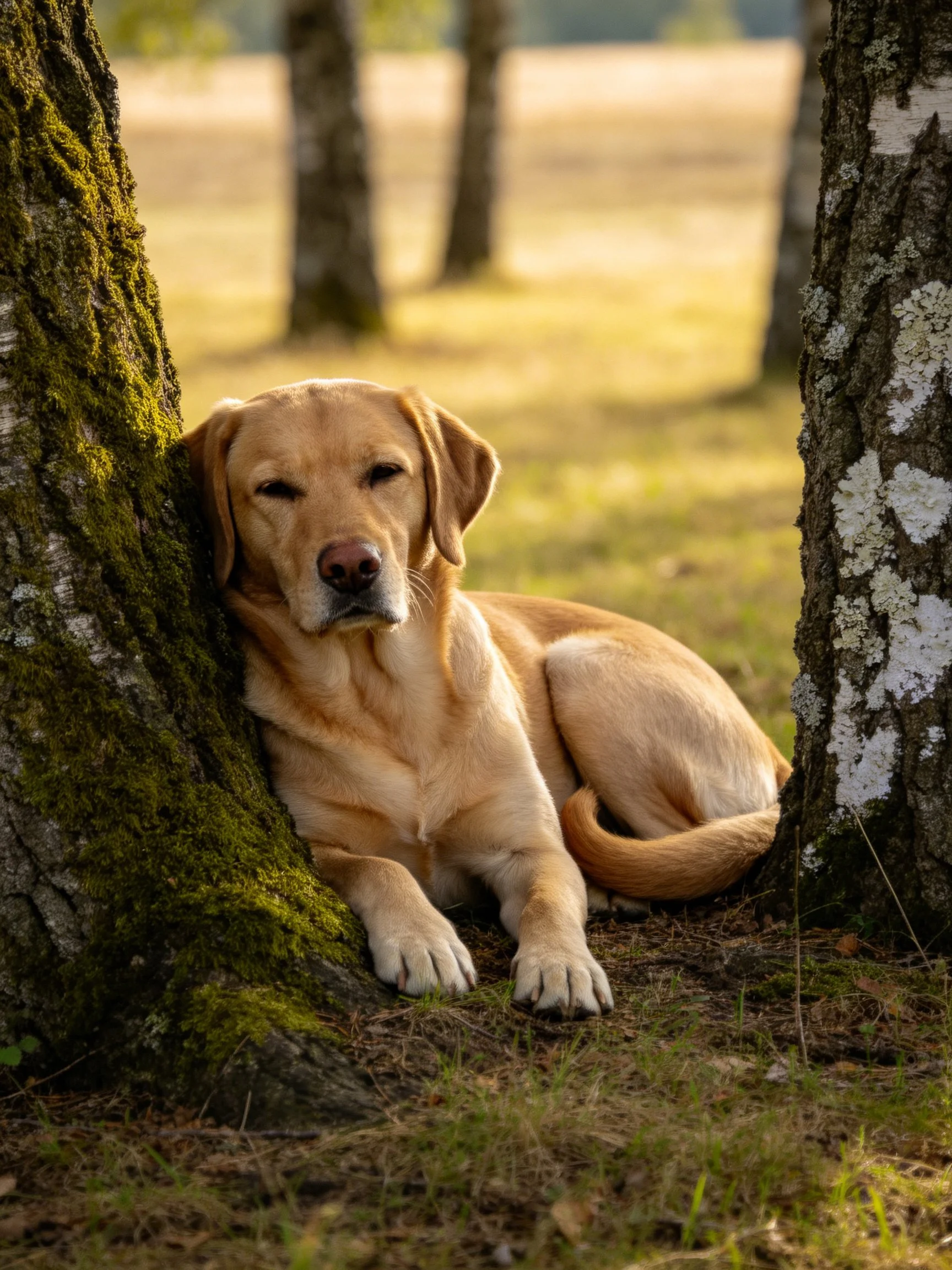 A golden retriever relaxes beside trees in a sunlit natural setting.