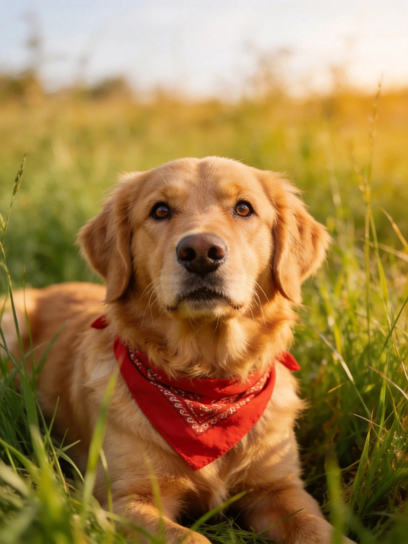 A golden retriever relaxes in a field of tall green grass while wearing a red bandana