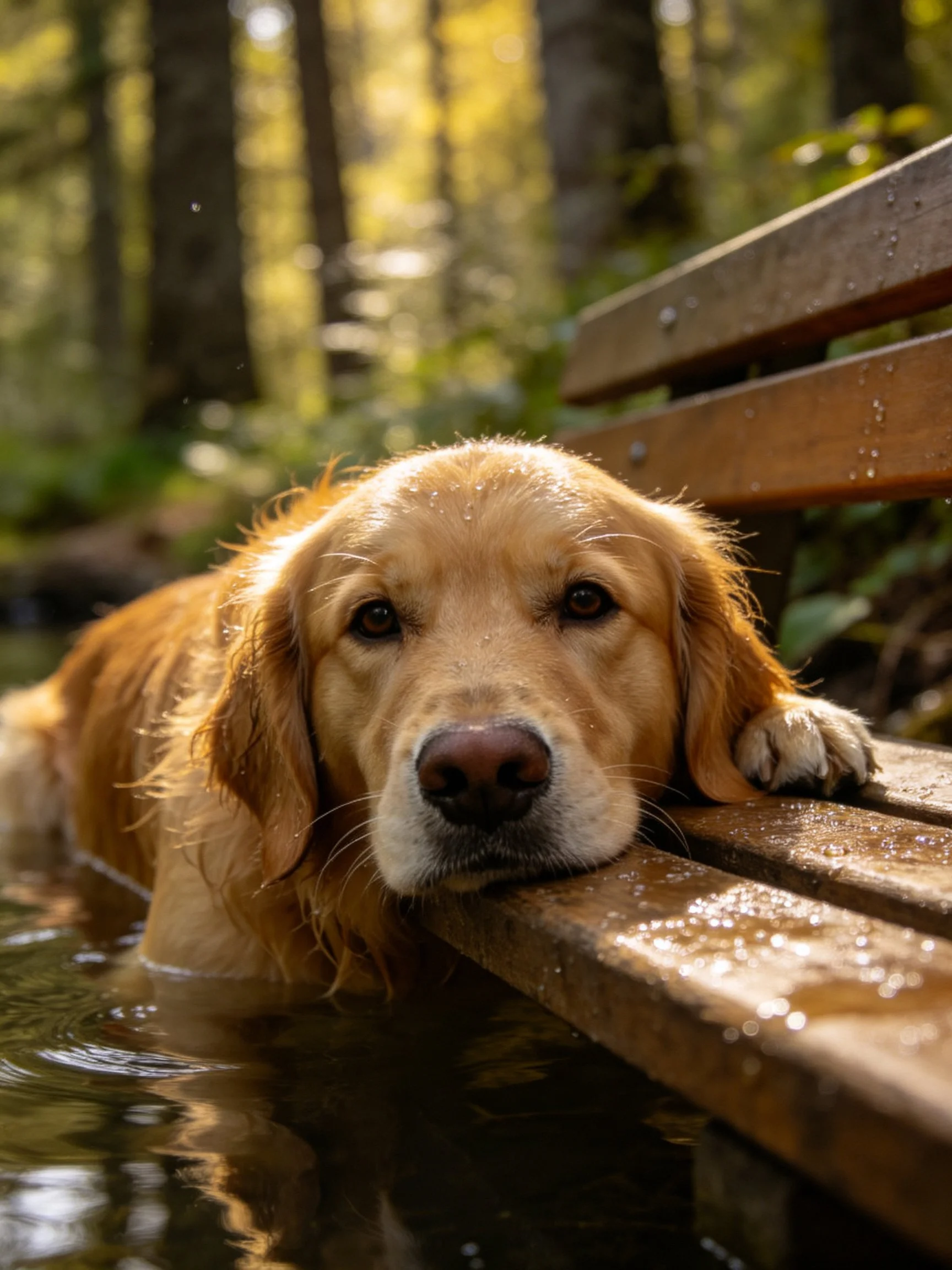 A golden retriever rests its head on a wet wooden bench in shallow water
