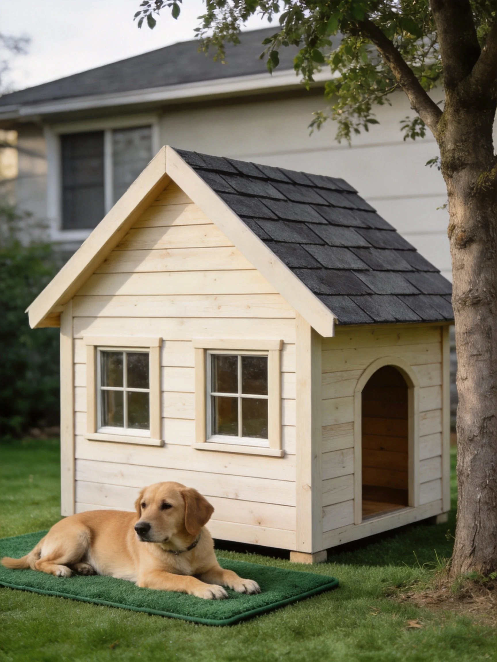 A golden retriever lies on a green mat next to a large wooden doghouse in a backyard.