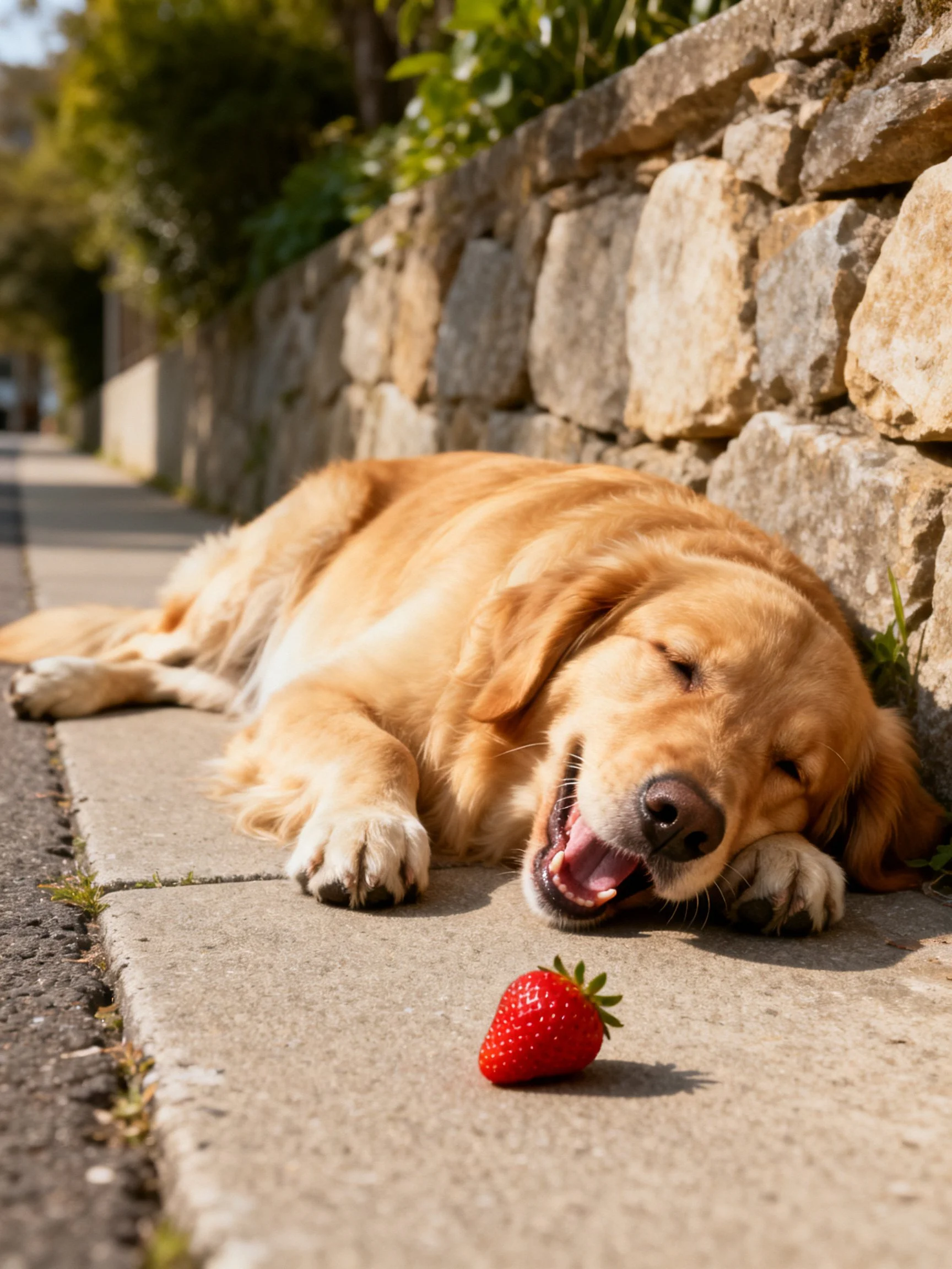 A golden retriever rests near a stone wall with a bright red strawberry