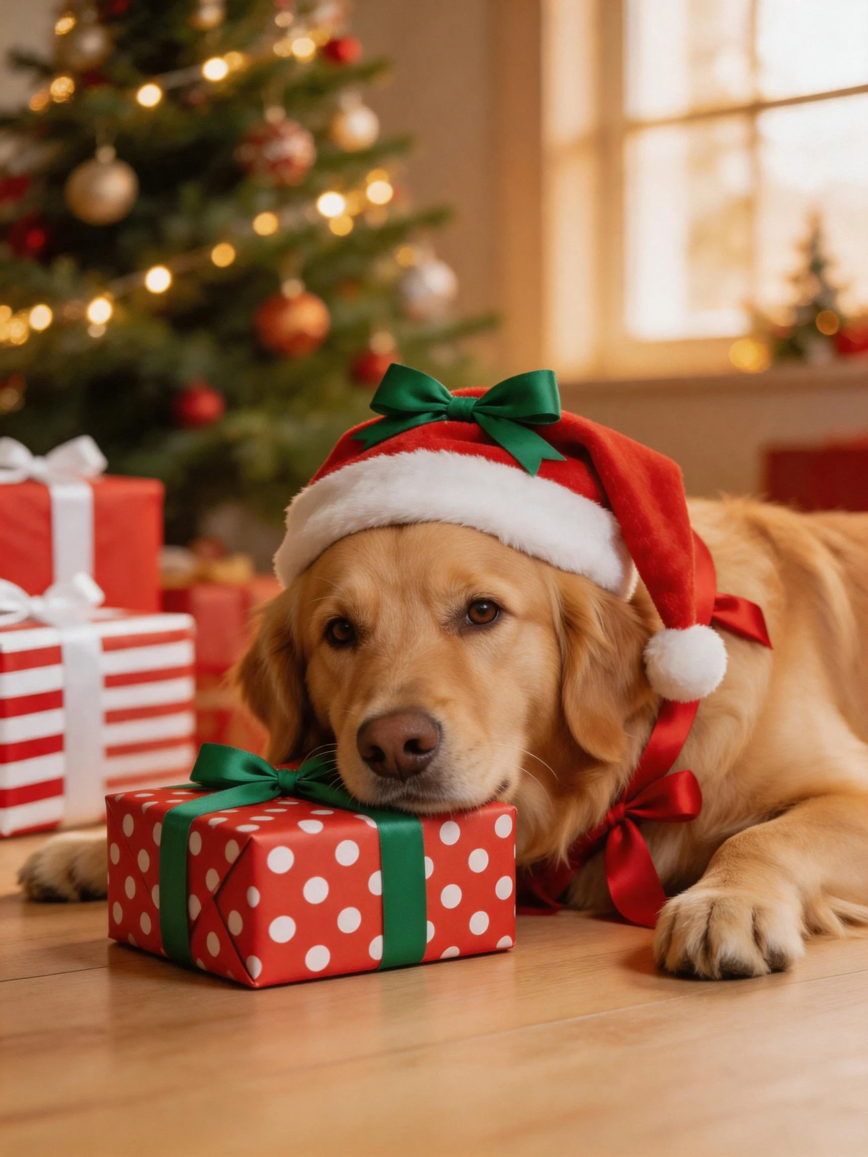 A golden retriever relaxes beside wrapped presents next to a lit Christmas tree