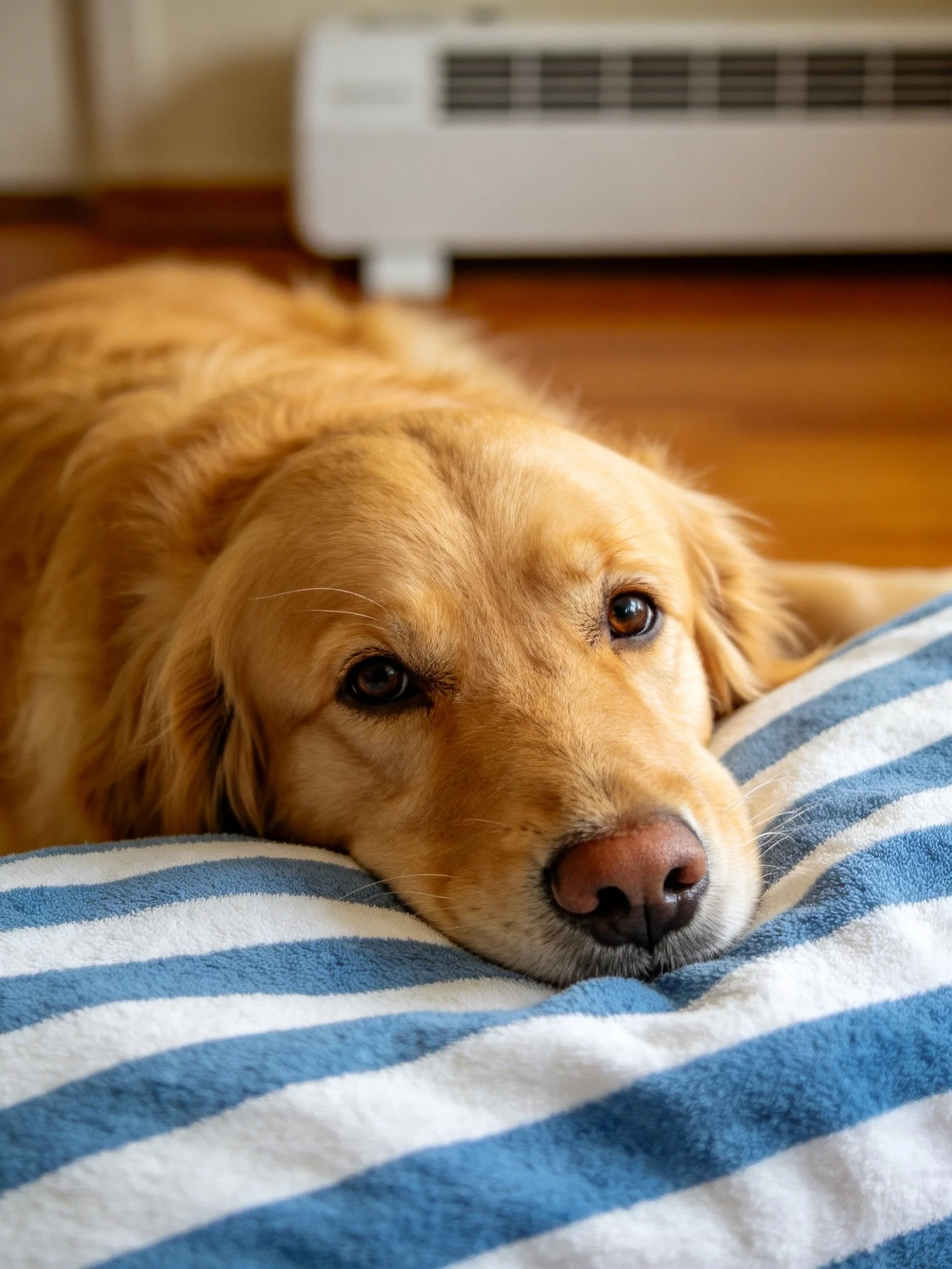 A golden retriever relaxes on a striped towel with a heater in the background.