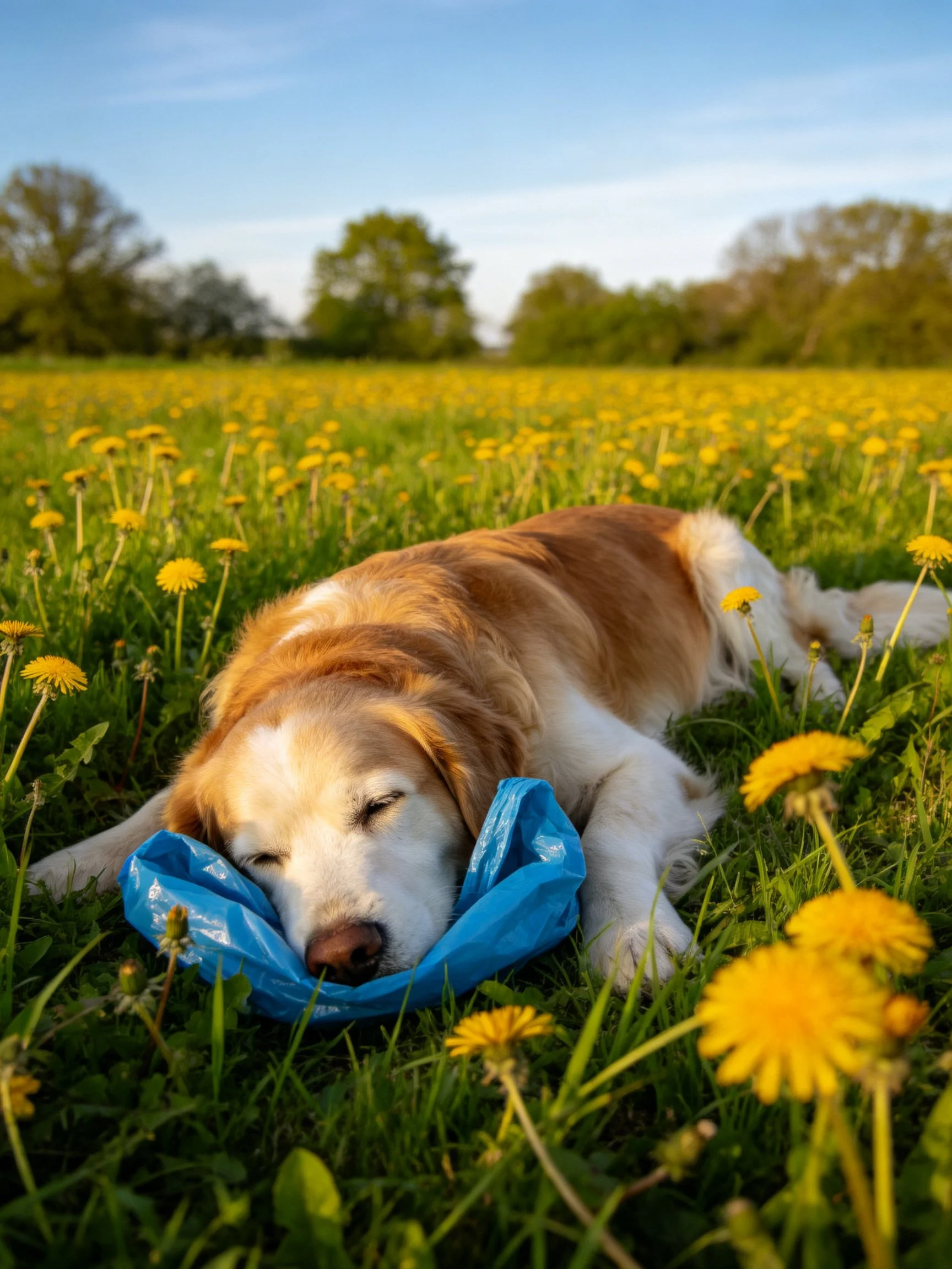 A golden retriever relaxes on a blue object in a sunlit field of yellow flowers.