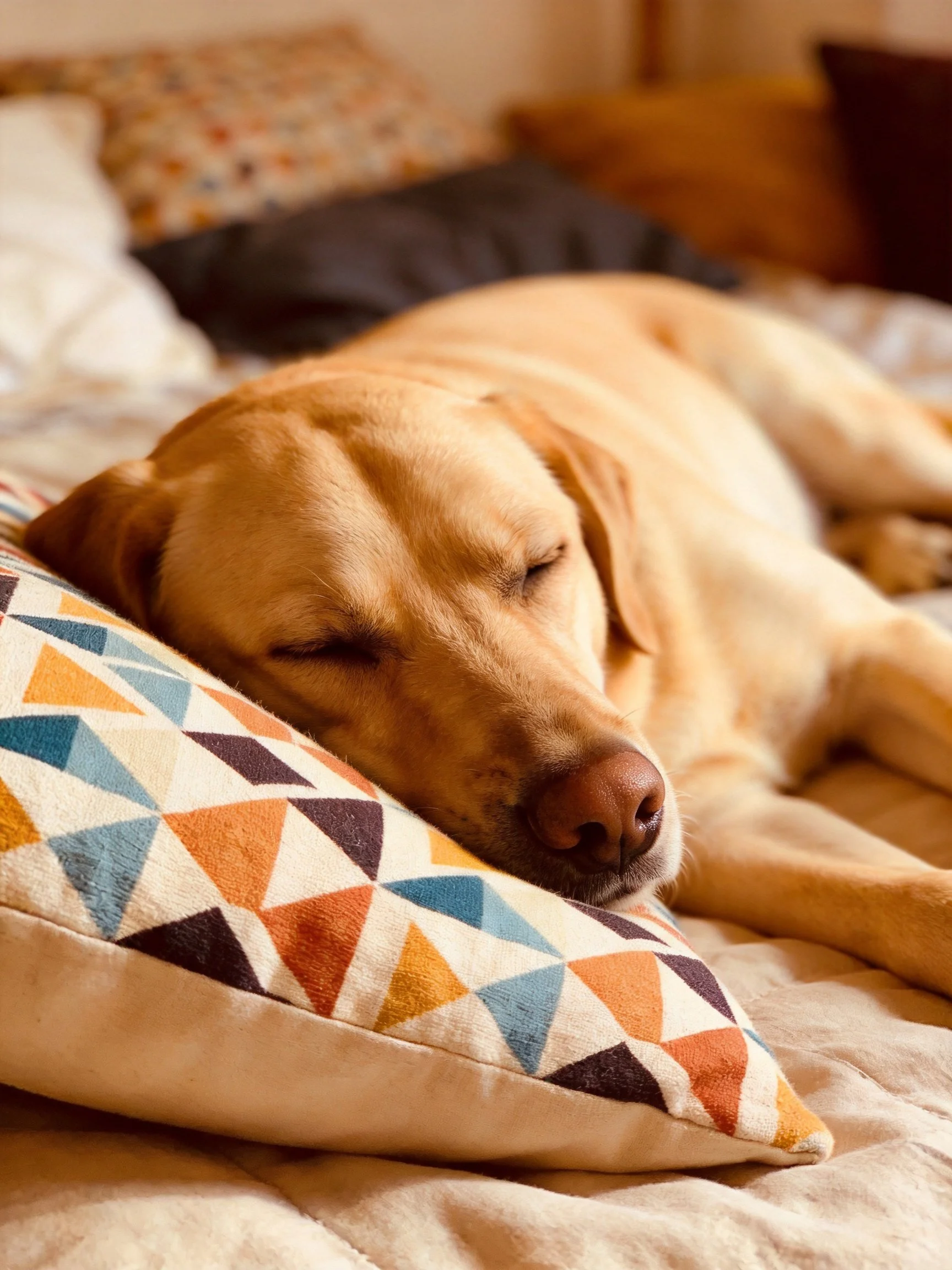 A golden retriever peacefully sleeps on a patterned pillow.