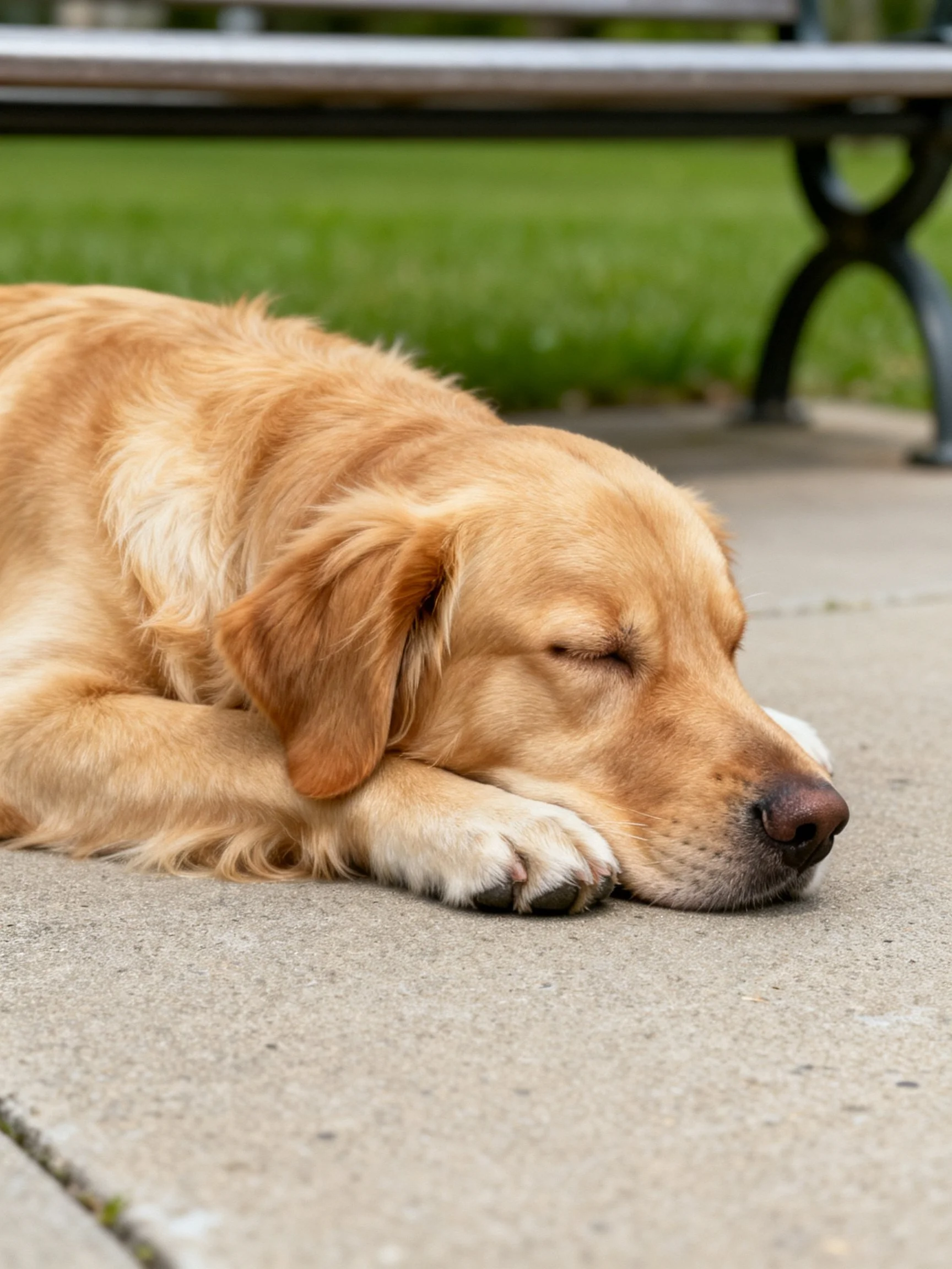 A golden retriever sleeps peacefully on a concrete path beside a park bench
