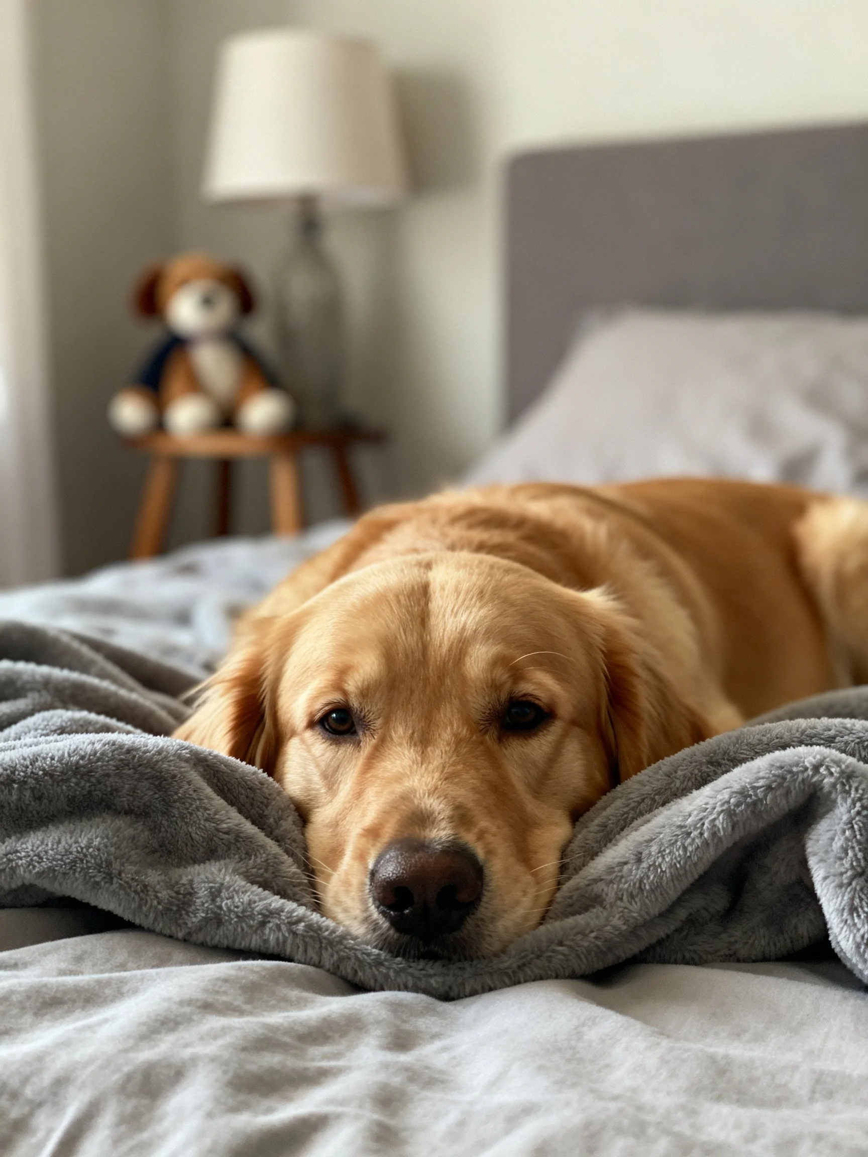 Golden retriever relaxes on a bed with a gray blanket in a cozy room.