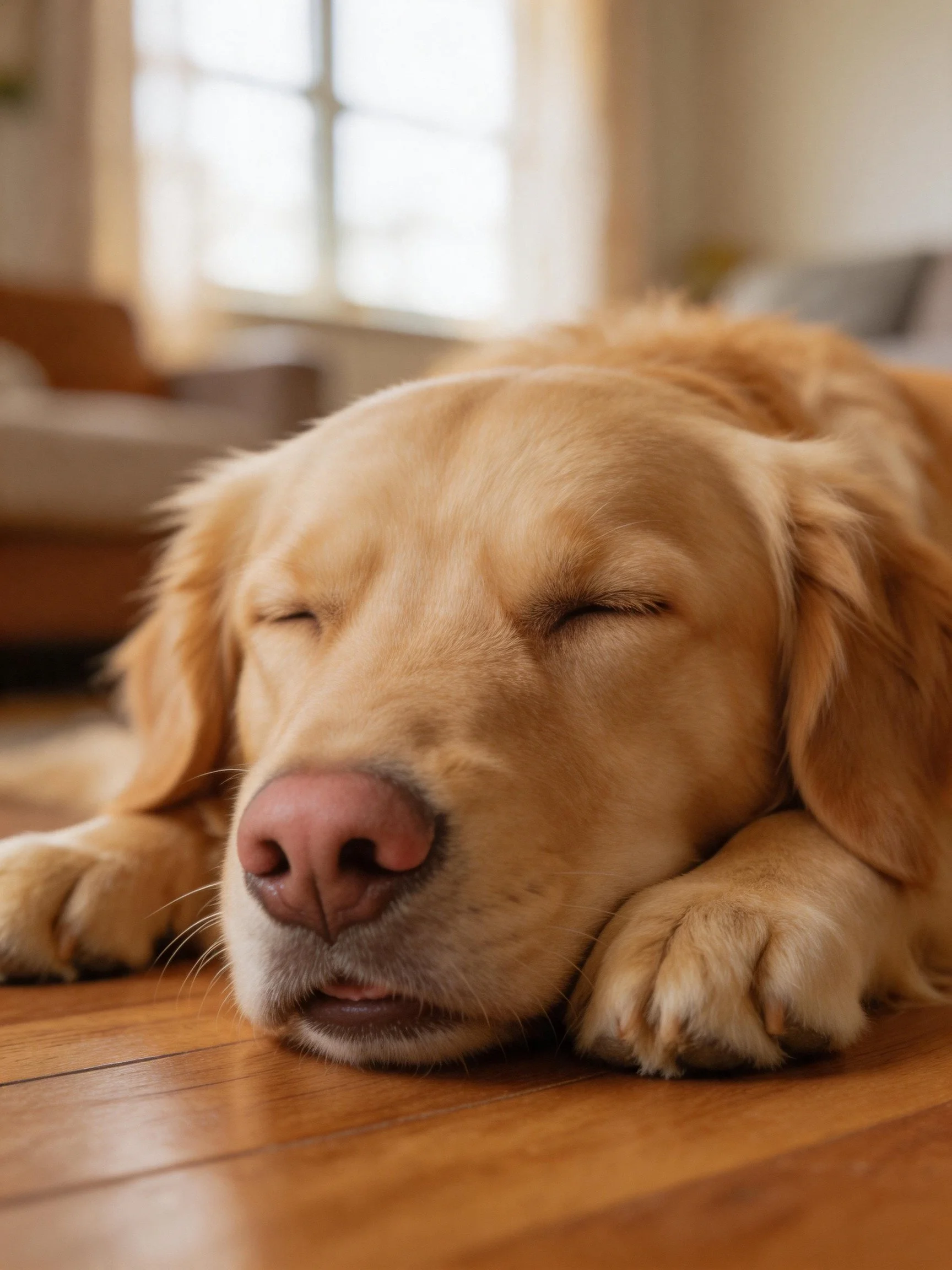 A golden retriever rests on a polished wooden floor in a bright room